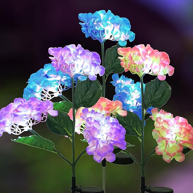 Leleecoo Garden Solar Lights Outdoor Waterproof, Garden Lights Solar Powered, 3 Pack Solar Garden Ornaments Hydrangea Flower Lights, Solar Garden Lights for Pathway Yard Patio Garden Decorations