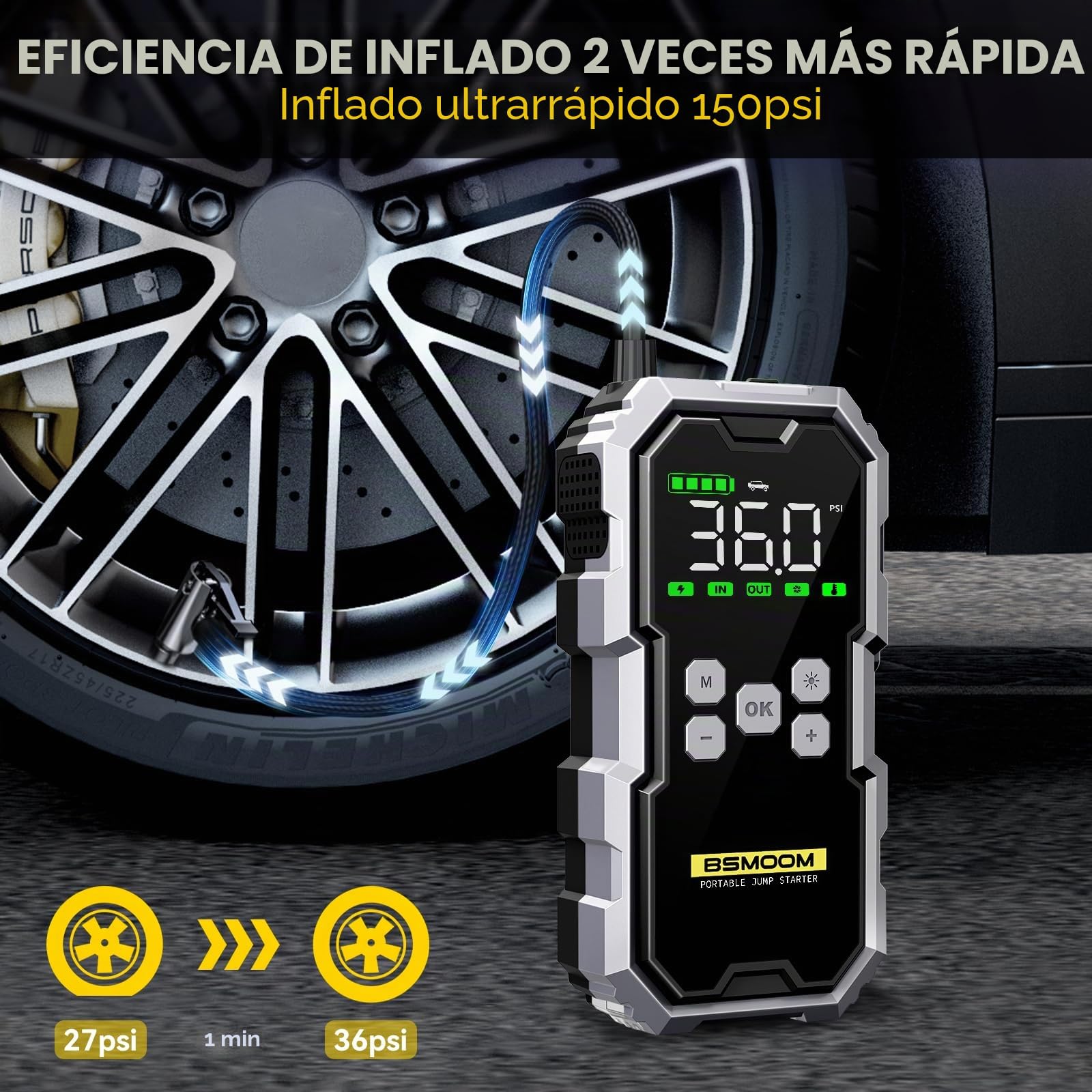 6000A Booster Batterie Voiture Avec Gonfleur 150PSI,12V Jump Starter Portable Booster Batterie (Jusqu’à All GAZ Ou 10.0L Diesel) Avec 400 Lumière LED 4 Modes, Grand Écran,Charging USB-C
