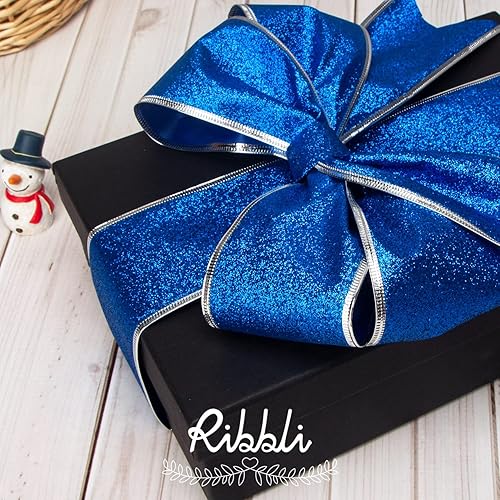 Miniatura 2 de Ribbli Cinta azul y plateada para árbol de Navidad, con alambre, purpurina, 6 rollos de 2.5 pulgadas, total de 36 yardas, para árbol, manualidades,