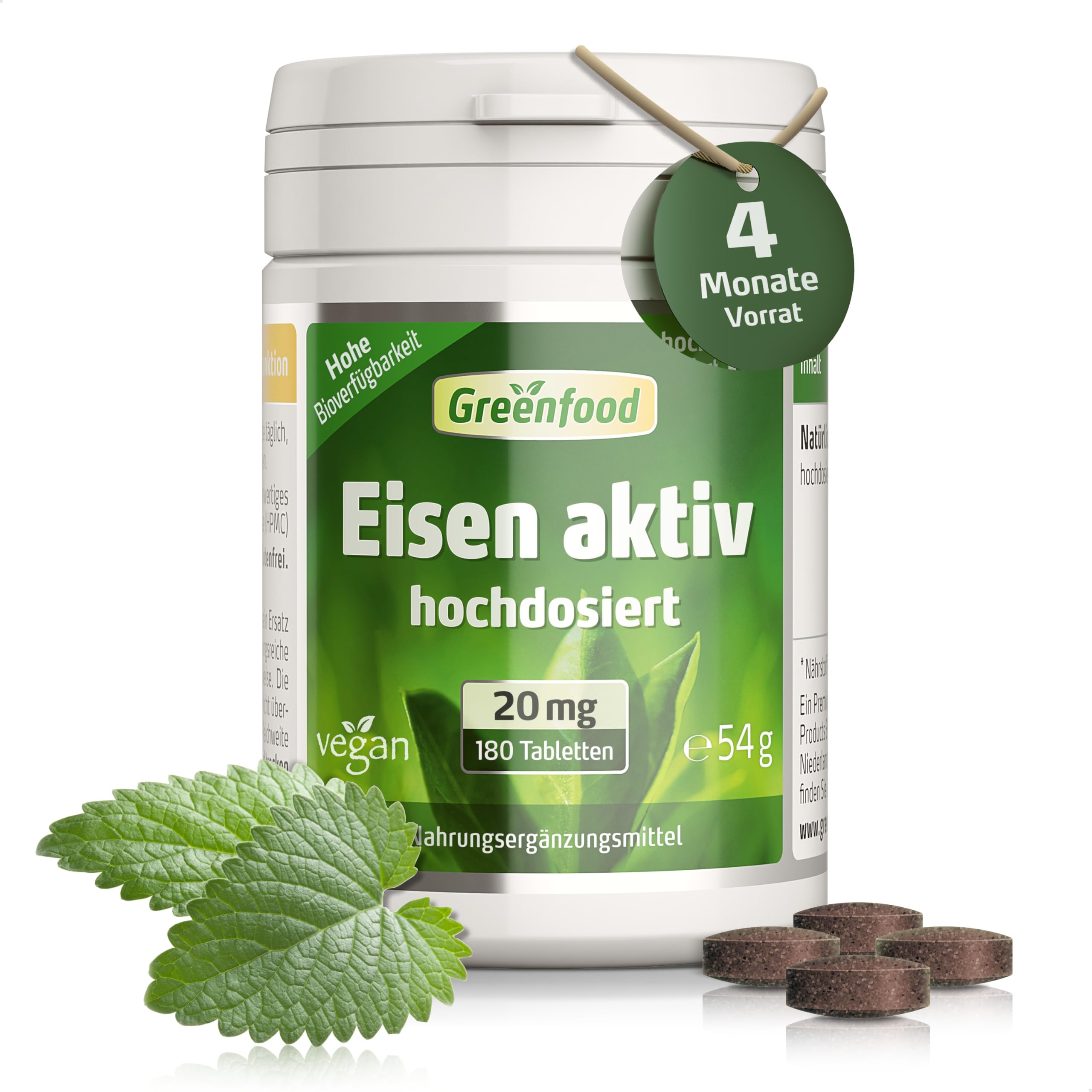 Eisen aktiv, hochdosiert, 20mg - 180 Tabletten, vegan. Eisenbisglycinat - gut verträglich - gegen Müdigkeit & Erschöpfung, Eisenmangel. OHNE künstliche Zusätze - laborgeprüft. Von Greenfood.