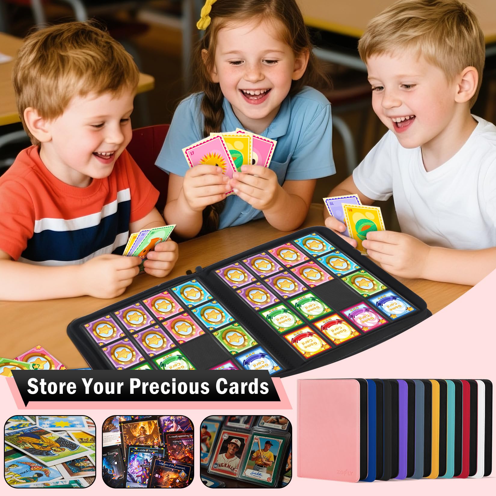 Carpeta de tarjetas de 16 bolsillos, carpeta de tarjetas coleccionables con cremallera para 1024 tarjetas, álbum de almacenamiento de tarjetas de carga lateral de doble cara, protector de tarjetas sin