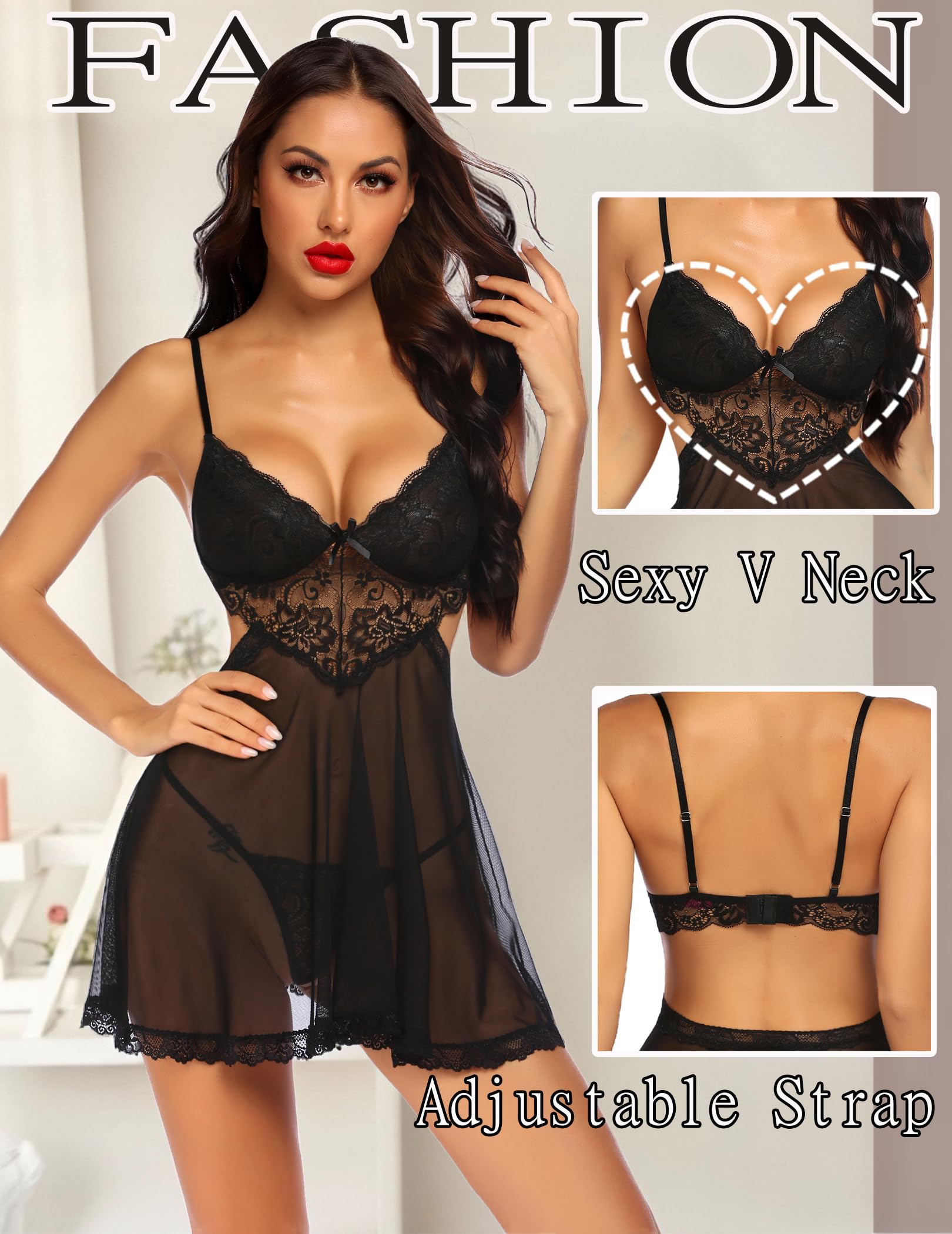 Avidlove déshabillé Femme Nuisette Lingerie Dentelle col en v Corsage Femme Lingerie Dos Nu Chemise de Nuit