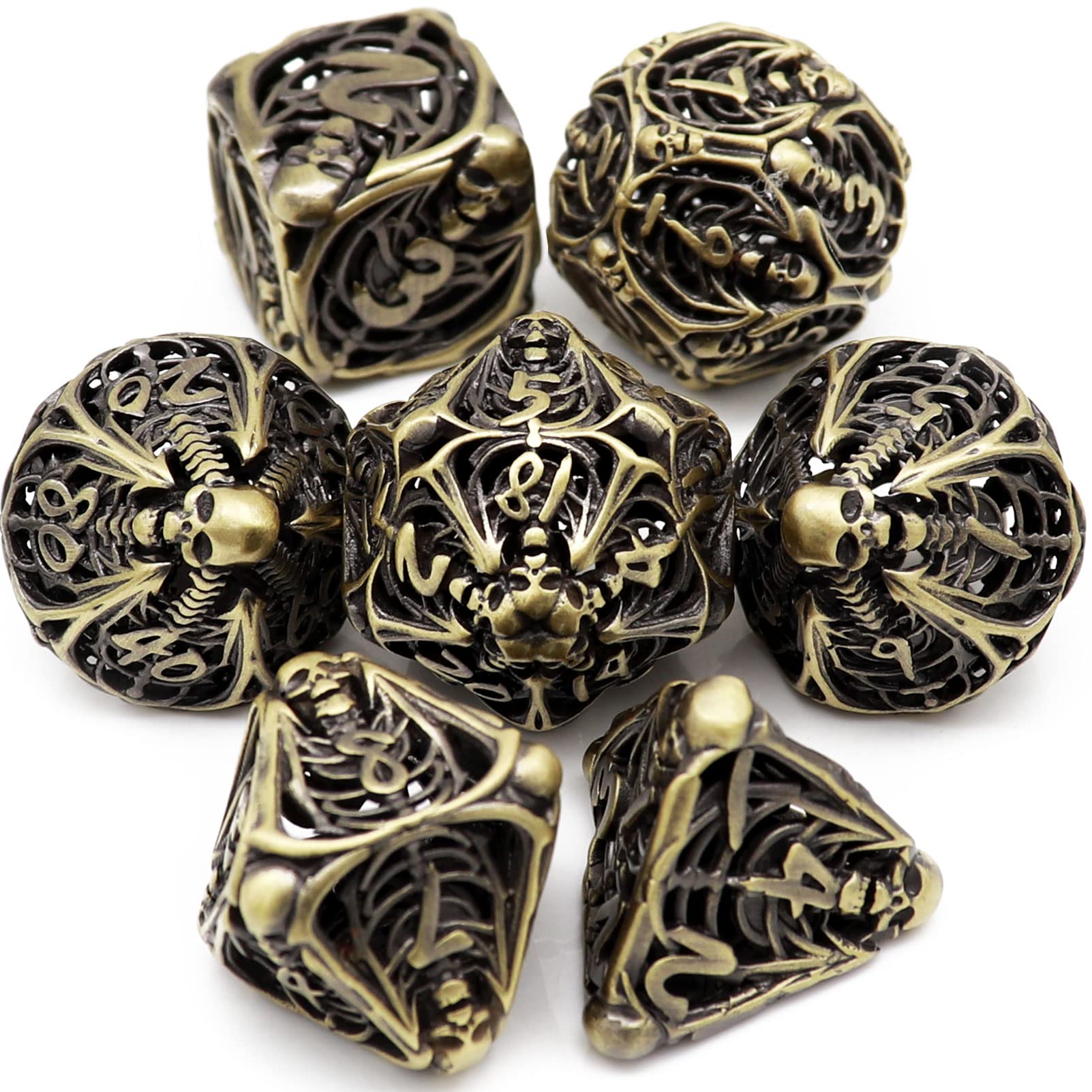 Haxtec Skeleton Halloween Hollow Metal Dice Set Ancient Copper D&D Polyhedral RPG Dice W/PU Leather Dice Bag for DND Dungeons and Dragons Role Playing Game Gift(Antique Bronze)