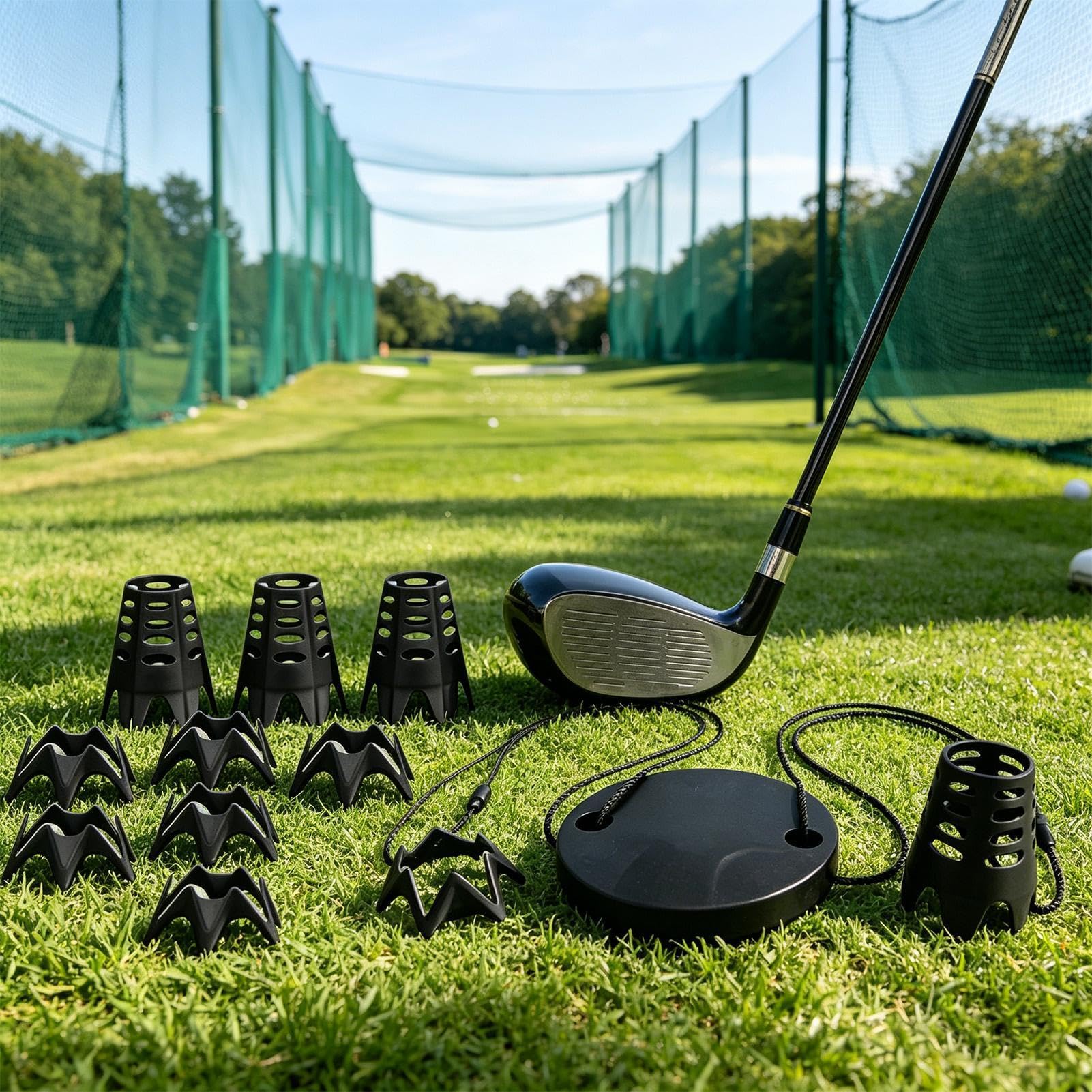 Tees para tapete golf Kit negro de gadgets de entrenamiento reutilizable y