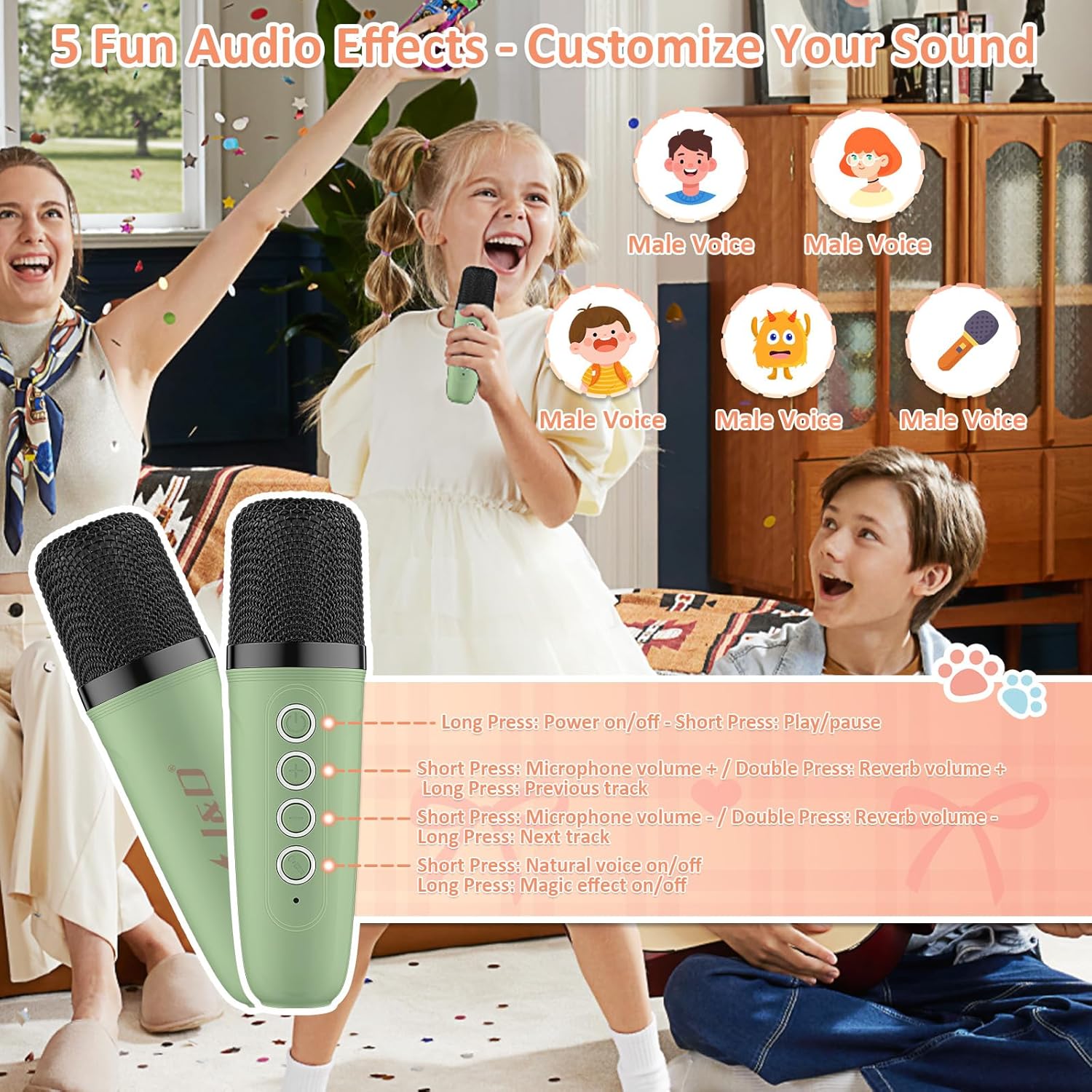 J&D Mini Karaoke Machine for Kids Adults, Portable Bluetooth Speaker with 2 Wireless Mics and Cat Sticker for Girls Boys Age 3–10 Birthday Gifts Princess Toys, Colorful LED, Green - Image 5