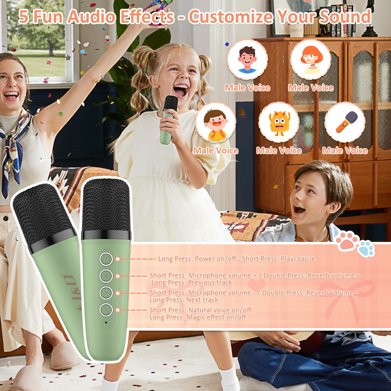 Mini máquina de karaoke para niños y adultos, altavoz Bluetooth portátil con 2 micrófonos inalámbricos y calcomanía de gato para niñas y niños de 3 a 10 años, regalos de cumpleaños, juguetes de 5
