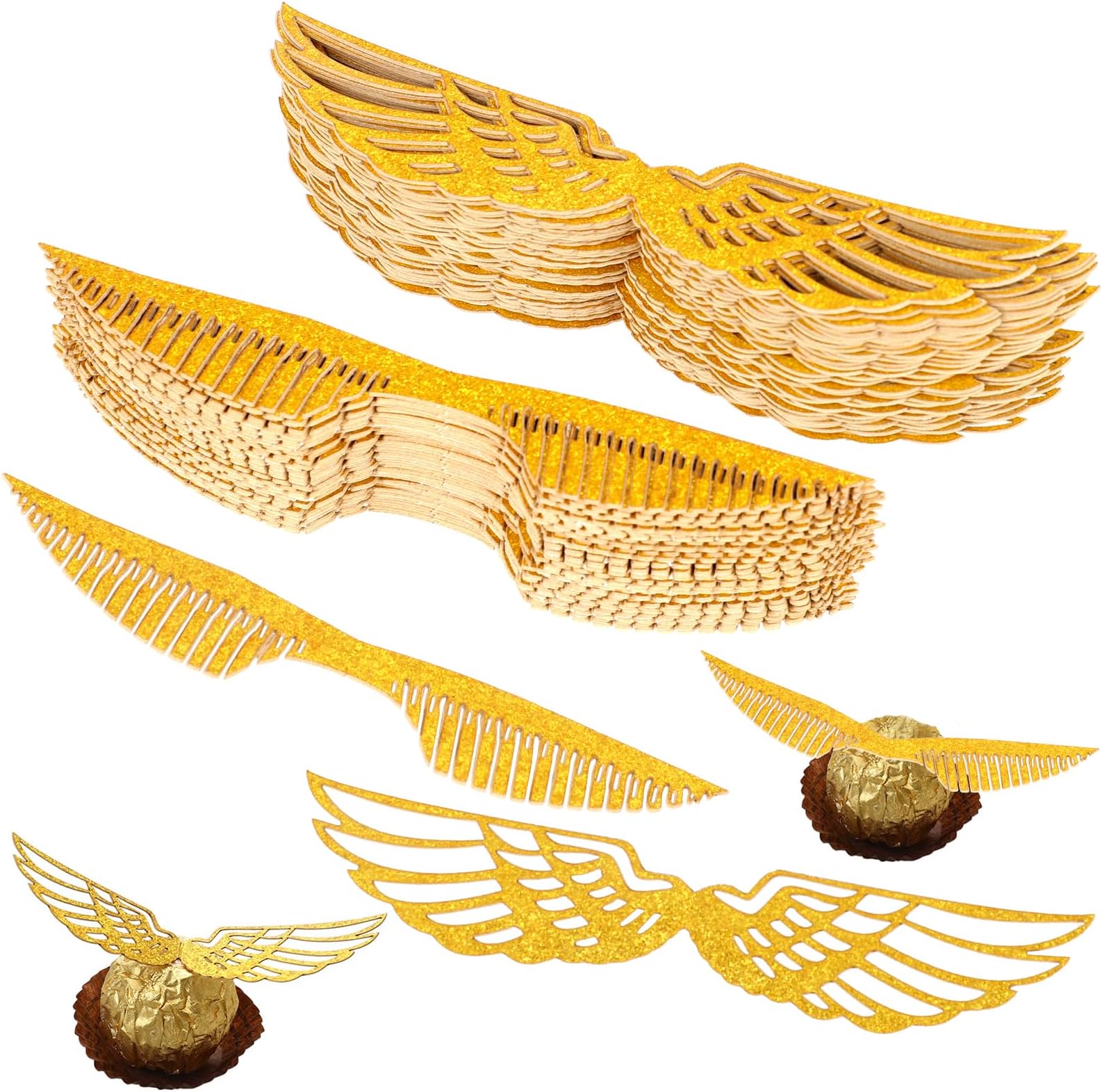 100 PCS Golden Glitter Wings Cake Toppers Wizard Party Chocolate Decoration Gold Snitch Wings Hollowed Wings Cupcake Toppers for Wizard Theme Party Anniversary Birthday Wedding, 2 Style
