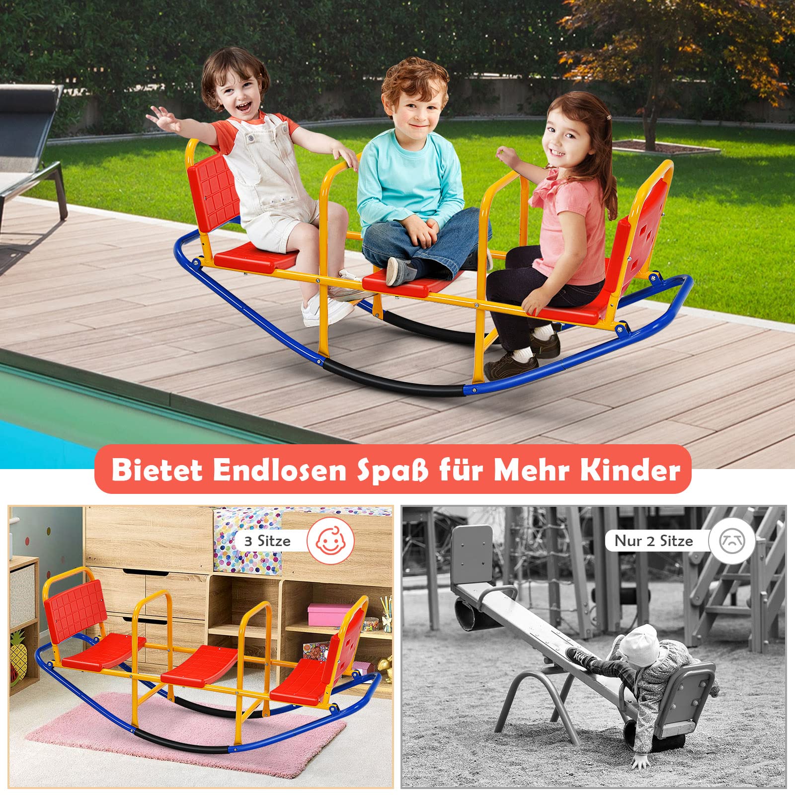 GOPLUS Schaukelwippe mit 3 Sitzen, Kinderschaukelstuhl aus Kohlenstoffstahl, für Kinder 3-8 Jahre bis 100 kg (Rot)