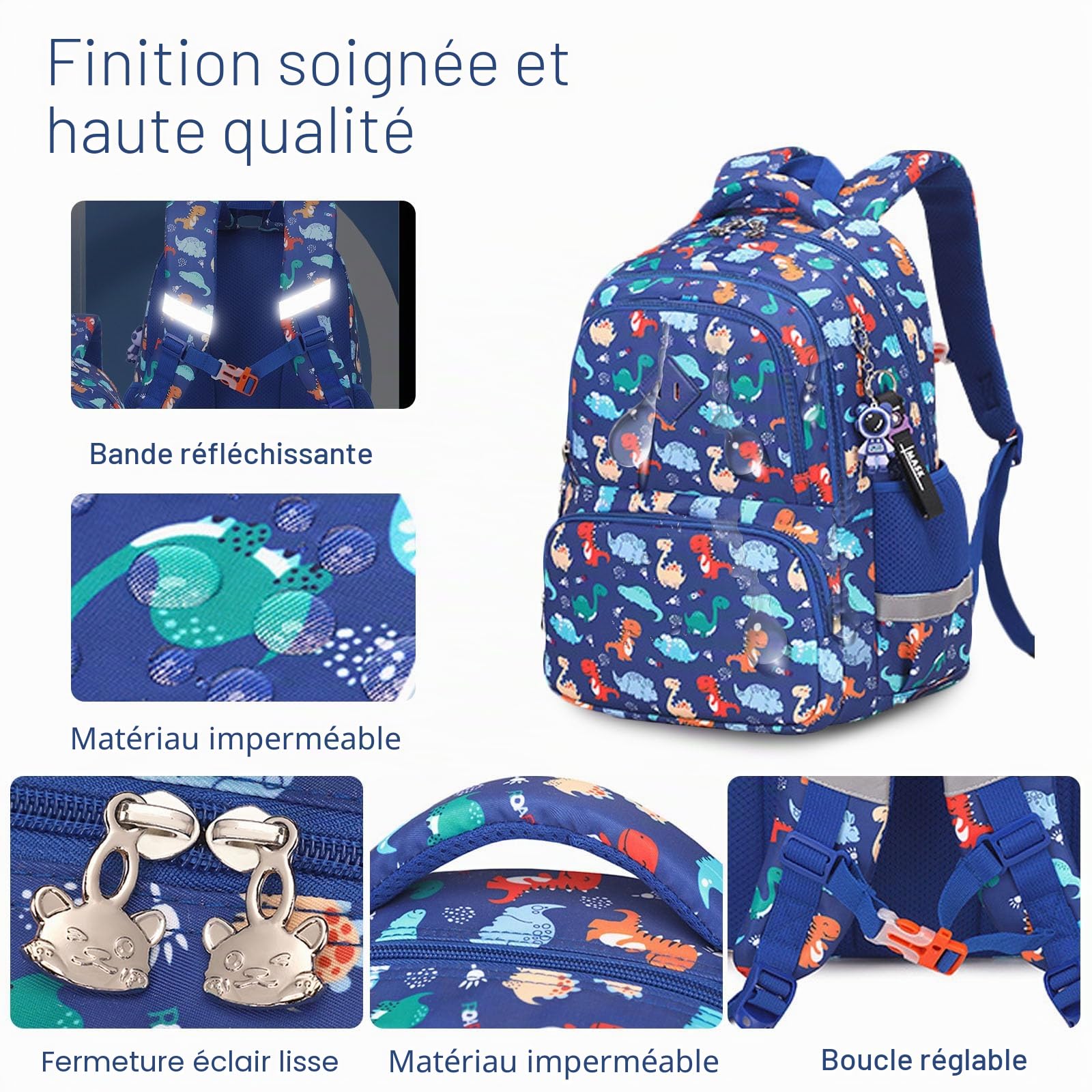 FANDARE Sac à Dos Dinosaure Maternelle avec Bandes Réfléchissantes - Cartable Scolaire Garçon/Fille Stitch Bleu