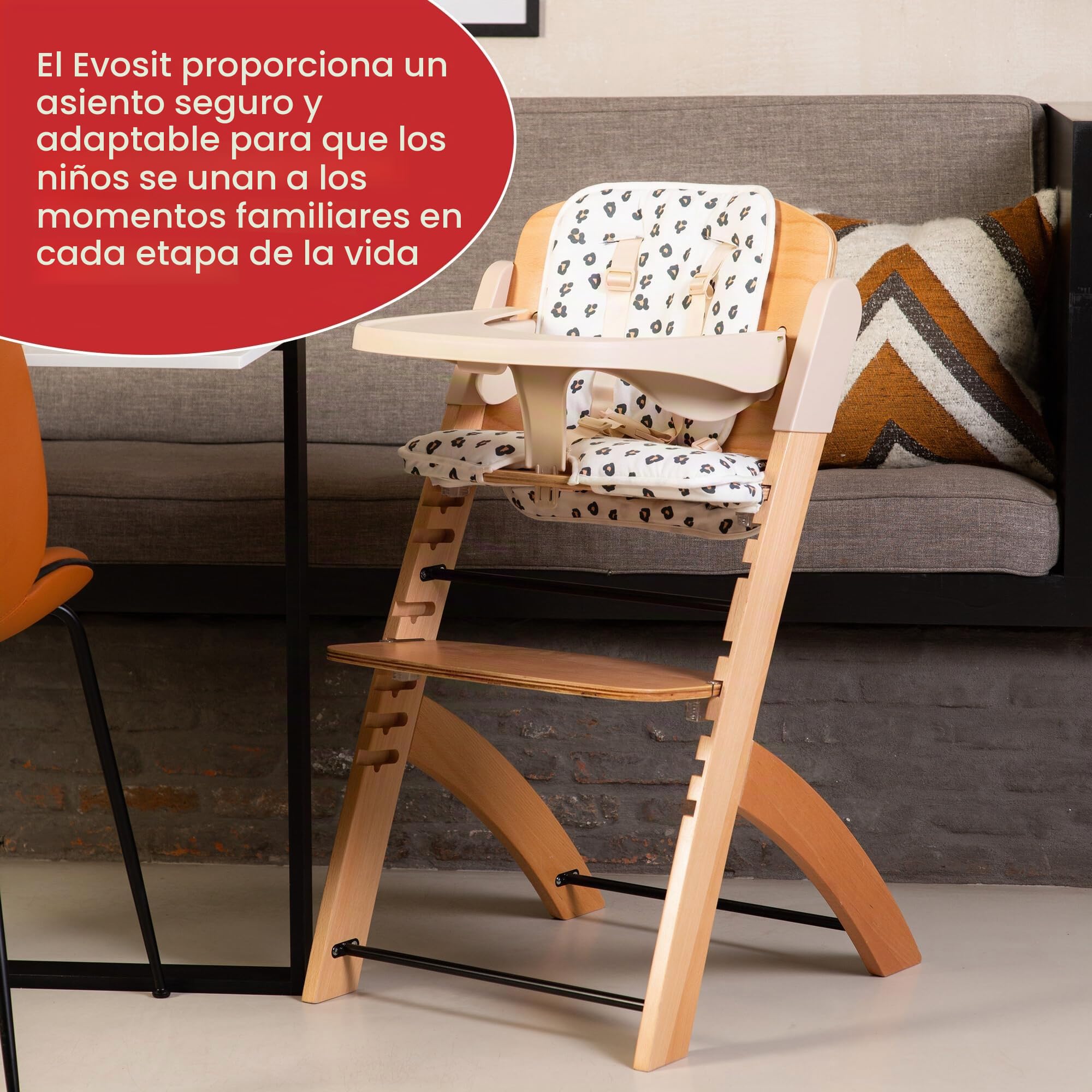 CHILDHOME, Trona Evolutiva : De 0 meses a 85KG, Tableta incluida, Madera de haya, Barra antivuelco, Arnés de seguridad de 5 puntos, Tornillos invisibles, Evosit Natural Beige