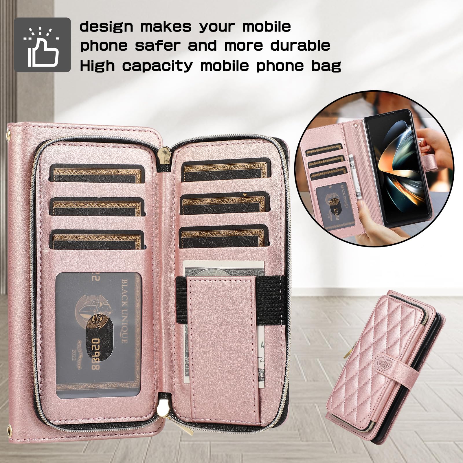 Etui-portfel do Samsung Galaxy Z Fold 6, skórzane etui z zamkiem magnetycznym, etui na karty, modne etui na telefon komórkowy z klapką, różowe