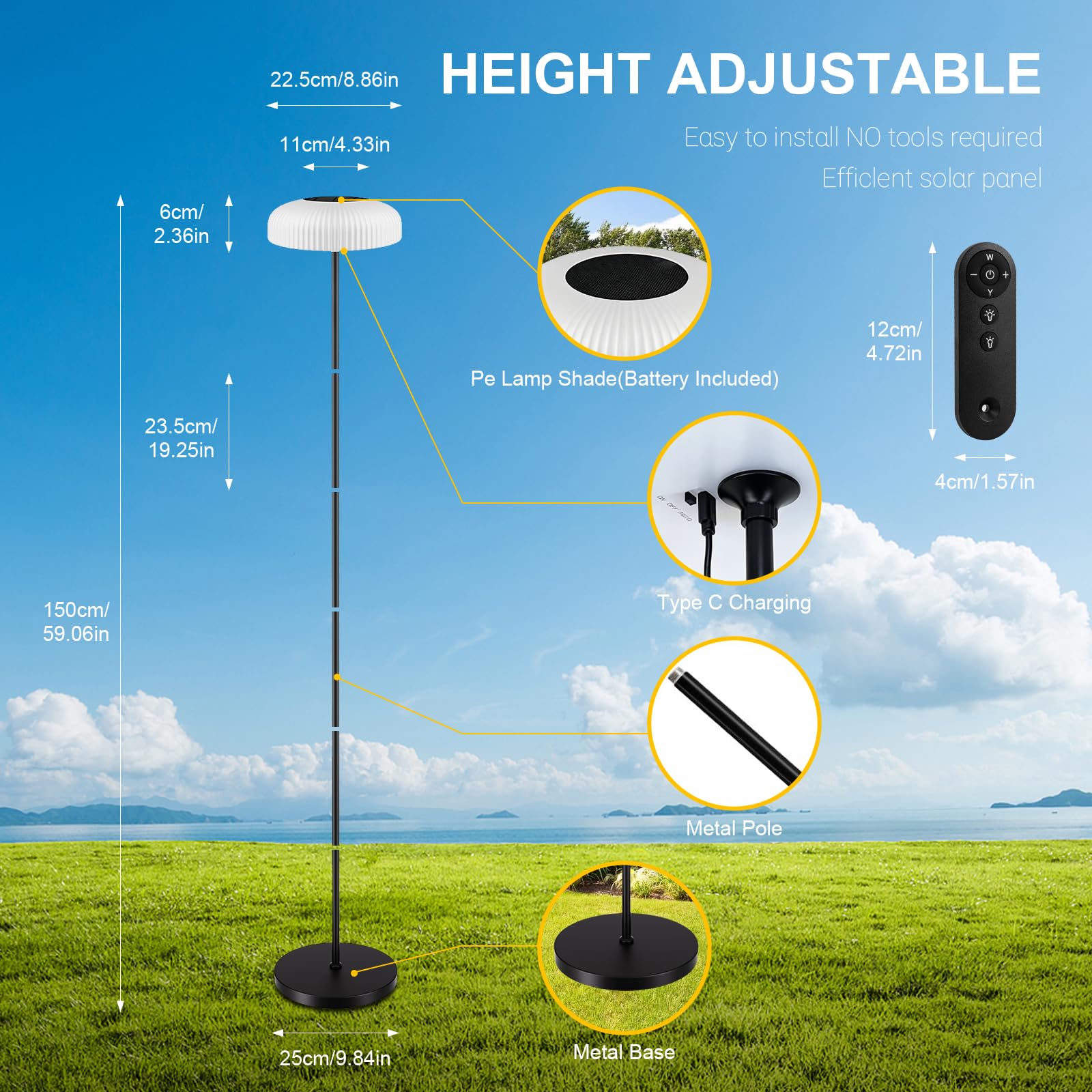 Lámpara Solar de Pie 150cm USB-C recargable, control por gestos, 10 brillos y 2 temperaturas (cálido/frío) IP65 resistente al agua – Jardín, terraza, camino