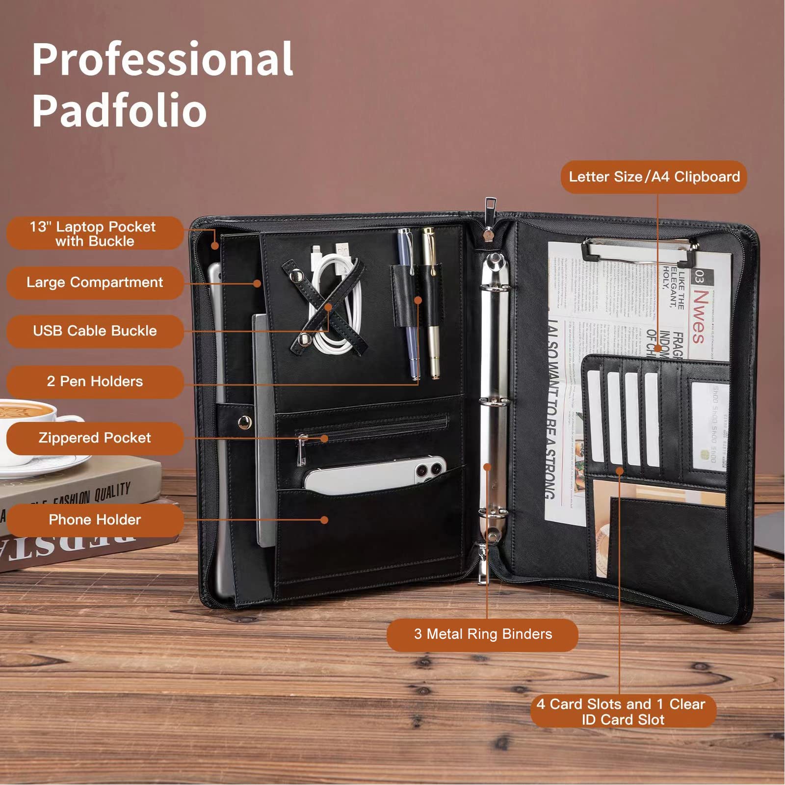 Portadocumenti professionale in pelle vegana a 3 anelli con porta blocco, maniglia nascosta, cerniera 21,6 x 27,9 cm, organizer professionale per uomini e donne, nero
