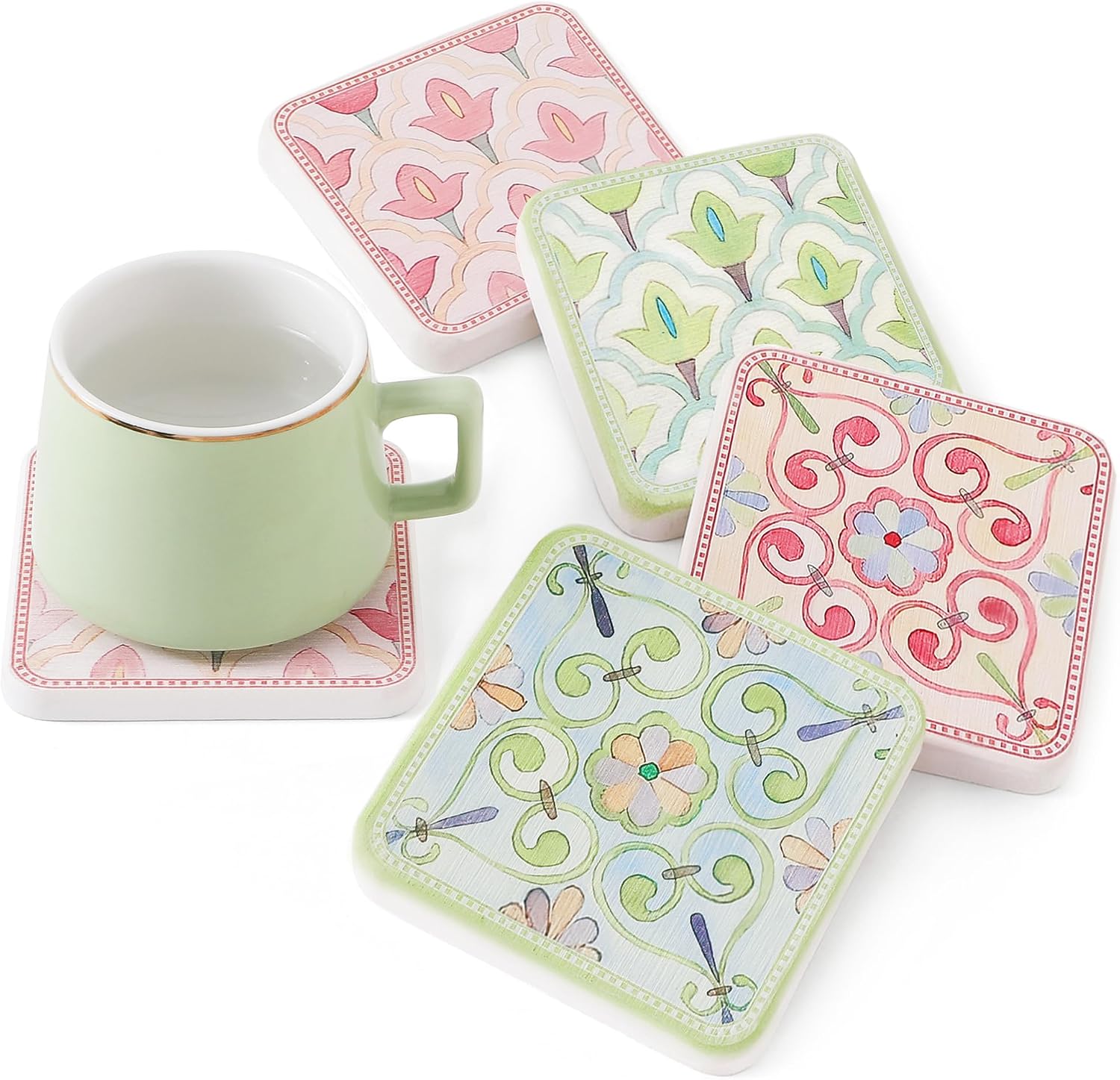 Coasters Set of 4, Square Drink Coasters Absorbent Heat Resistant Diatomite Coaster Cup Mats Vintage Home Decor for Coffee Table Desktop Protection (B, 3.9" x 3.9", 4pcs)