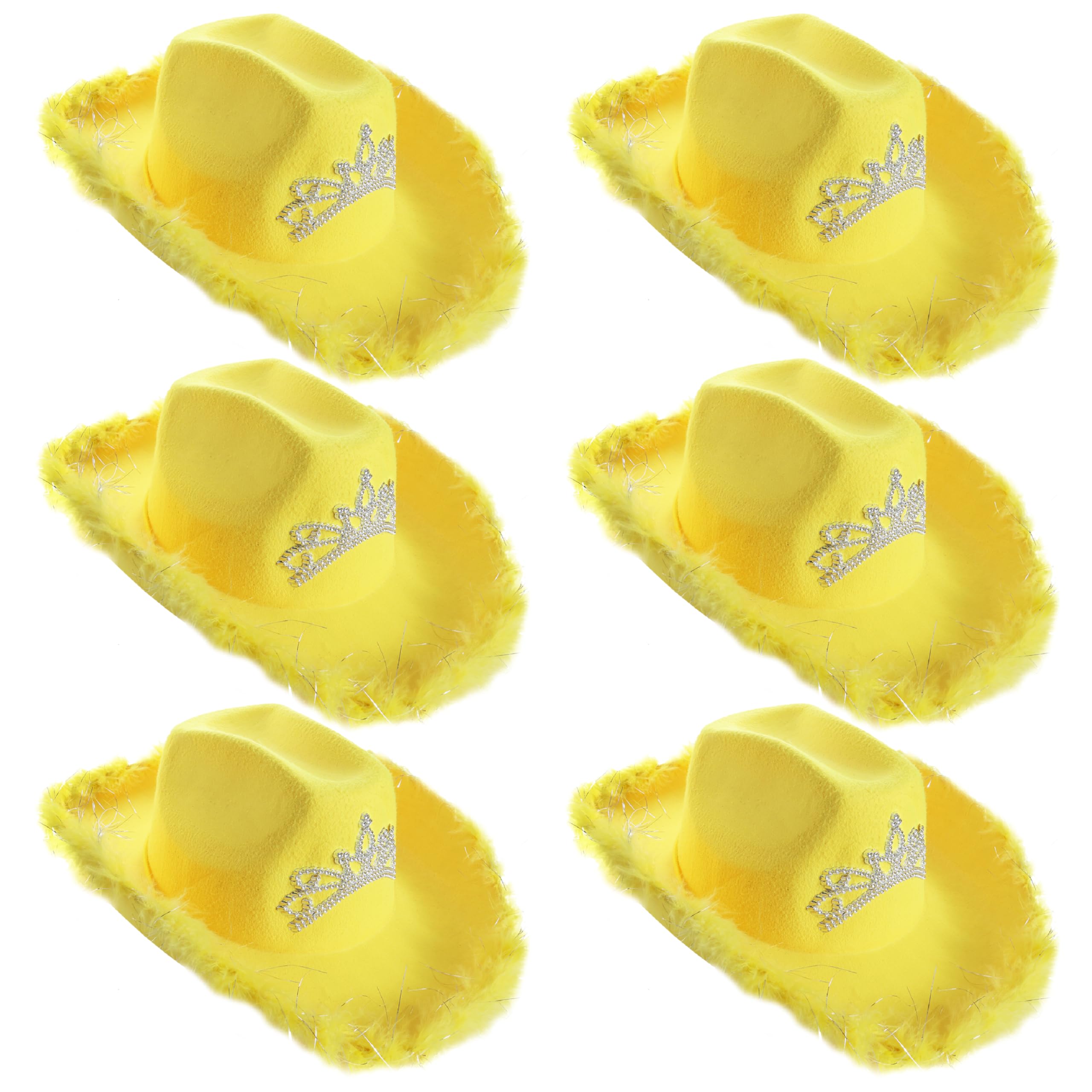 Tiara Cowgirl Hats - Pack of 6 - Yellow Cowgirl Hat with Tiara Decoration and Marabou Trim - Adults Music Festival Fancy Dress Accessory
