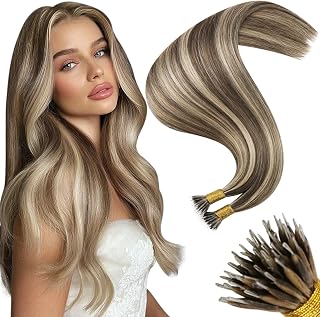 Moresoo Nano Hair Extensions Human Hair, Brown Caramel Blonde, 20 Inch | 50g 50 strands, heat-styleable human hair, individual nano placement for travel, date nights and daily looks