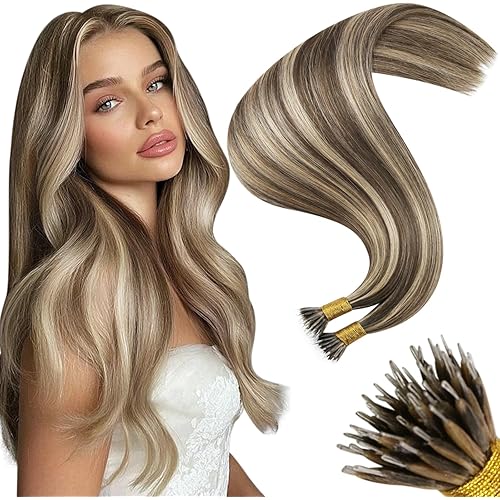Moresoo Nano Ring Hair Extensions Human Hair Highlight Dark Brown Strawberry Blonde Nano Bead Hair Extensions Human Hair Brown Nano Extensions Any Occasion 50G/50S 24Inch