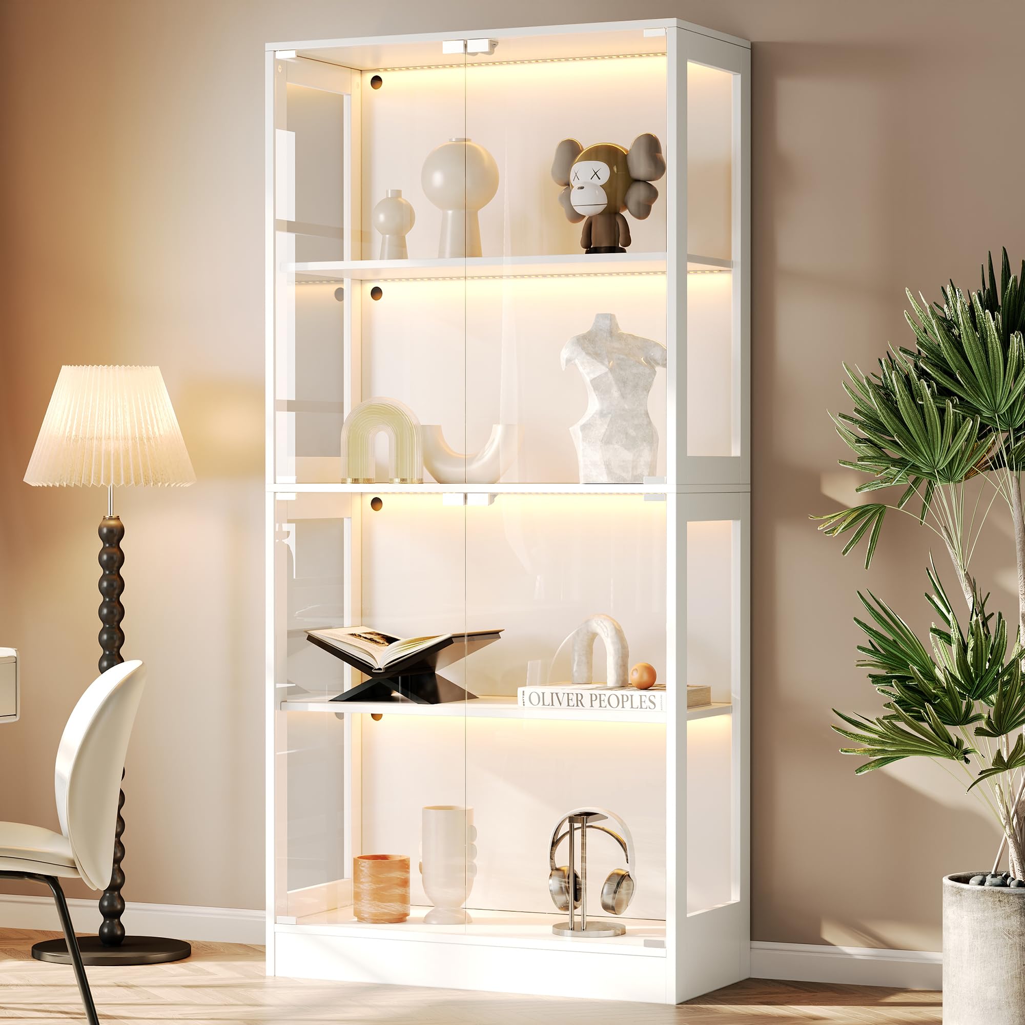 Soweiz Vitrina LED de cristal transparente, 4 niveles de almacenamiento, luz LED controlada por aplicación, puertas push to abiertas, vitrina para figuras y modelos (blanco, 80 x 35 x 170 cm)
