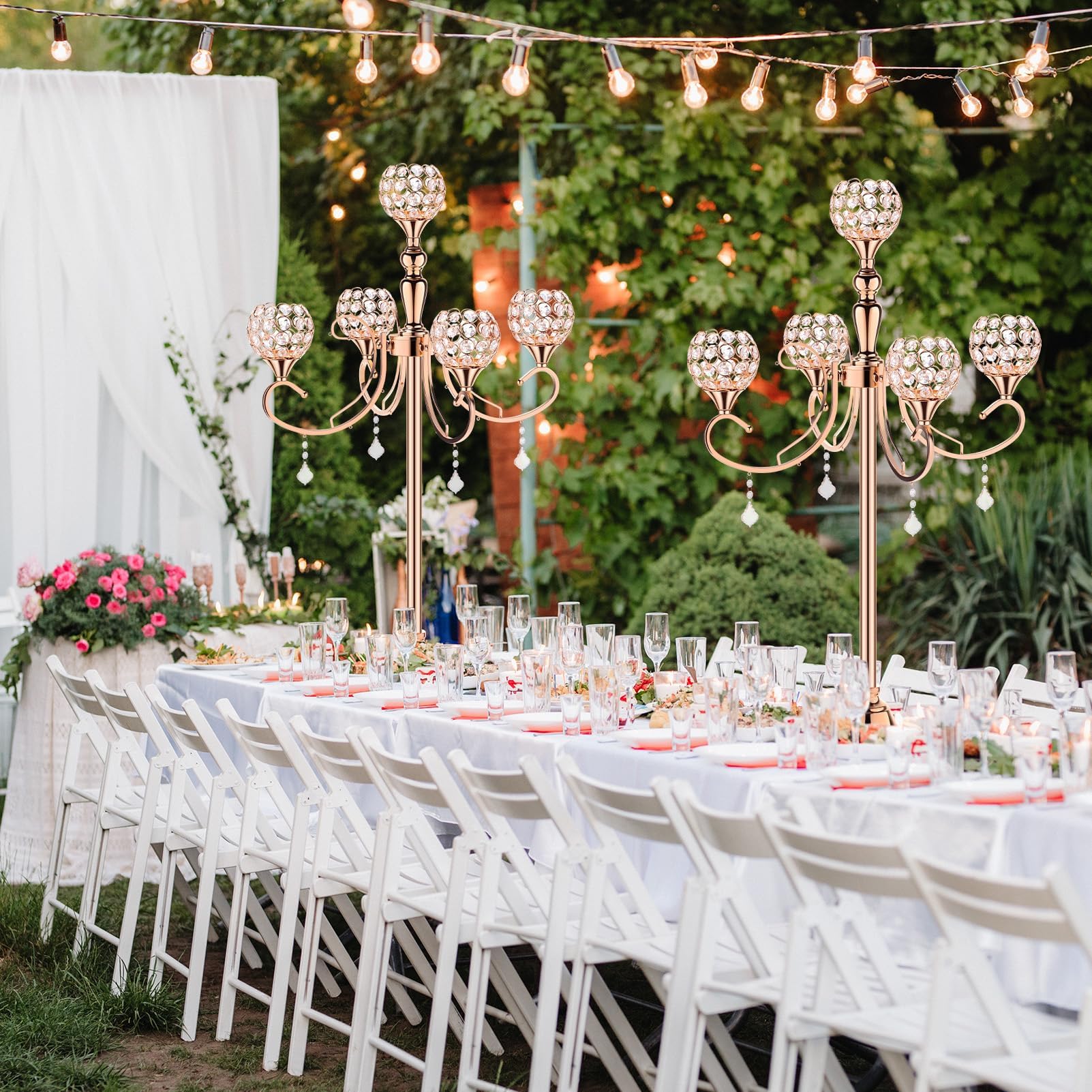 2 Packs 5 Arms Crystal Candelabra for Wedding Centerpiece, 33.8 Inch Tall Gold Floor Candle Holder Set with Chandelier Crystal Beaded, Anniversary Dinner Party Table Decoration Elegantes