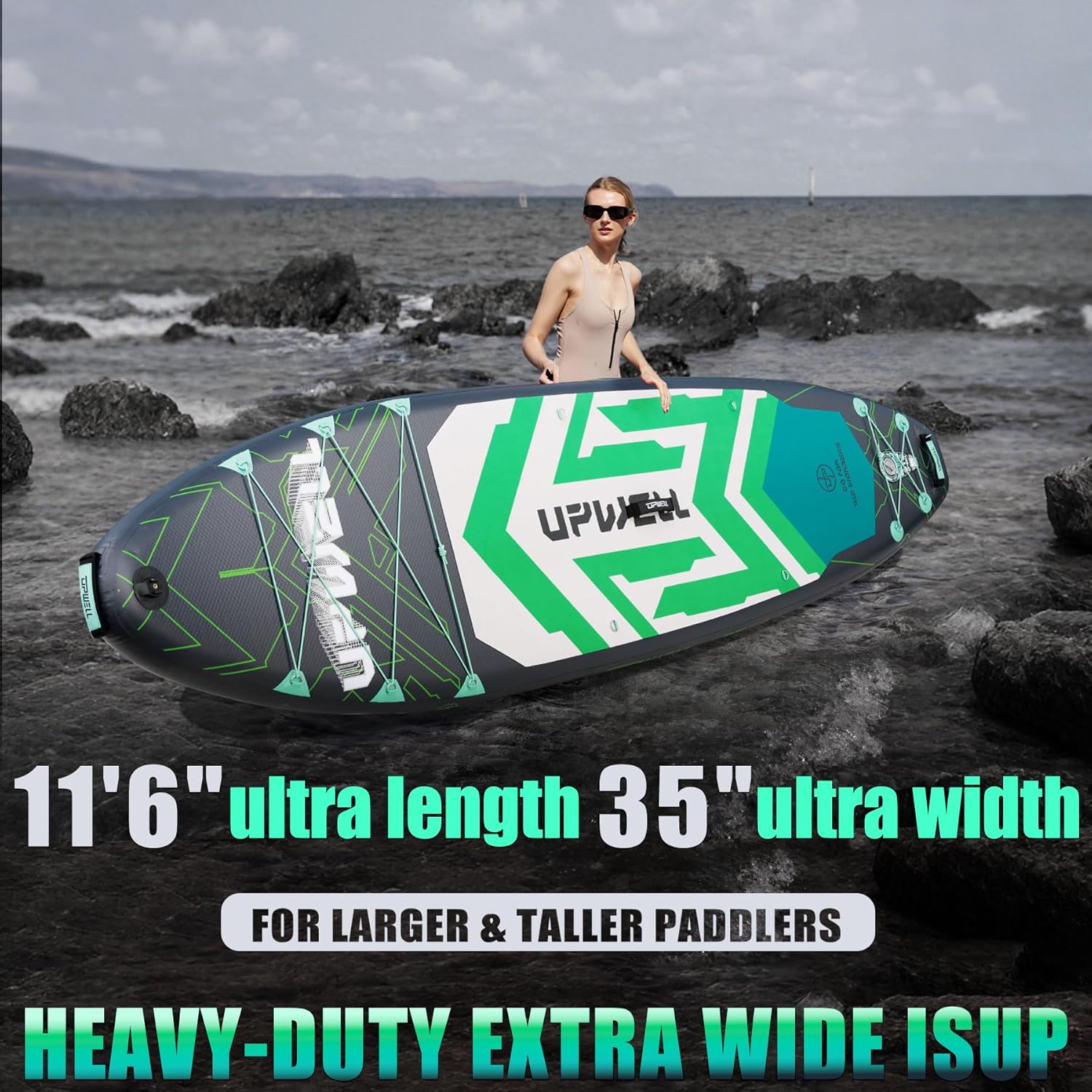 UPWELL 11'6"×35" Extra Wide Inflatable Paddle Board, Stand Up Paddle Board for Youth & Adults, Stable Design, Premium SUP Accessories, 120L Backpack, 10L Dry Bag, Paddle, Leash, Hand Pump, US Fins - Image 3
