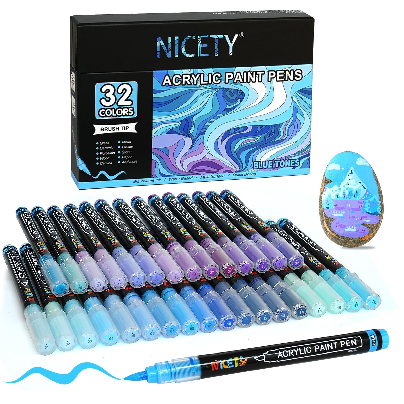 NICETY 32 Acrylstifte für Steine Wasserfest Pinselspitze DEFT