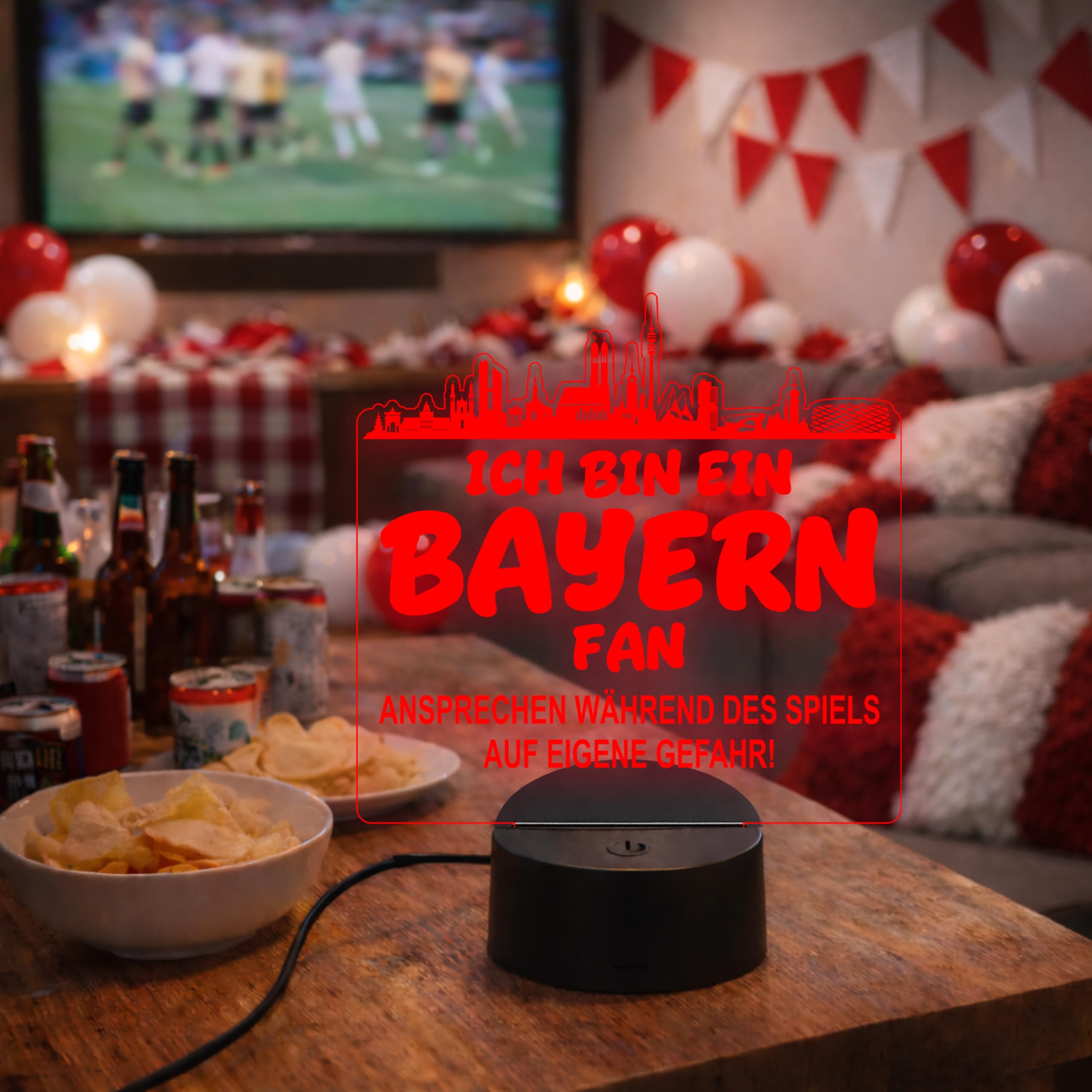 Lieblingsmensch Bayern Fan Fußball LED Nachtlicht – 3D Skyline Design „Ansprechen auf eigene Gefahr“ – RGB Farbwechsel mit Fernbedienung & Touch – Stimmungslicht für die Man Cave – 19x23cm