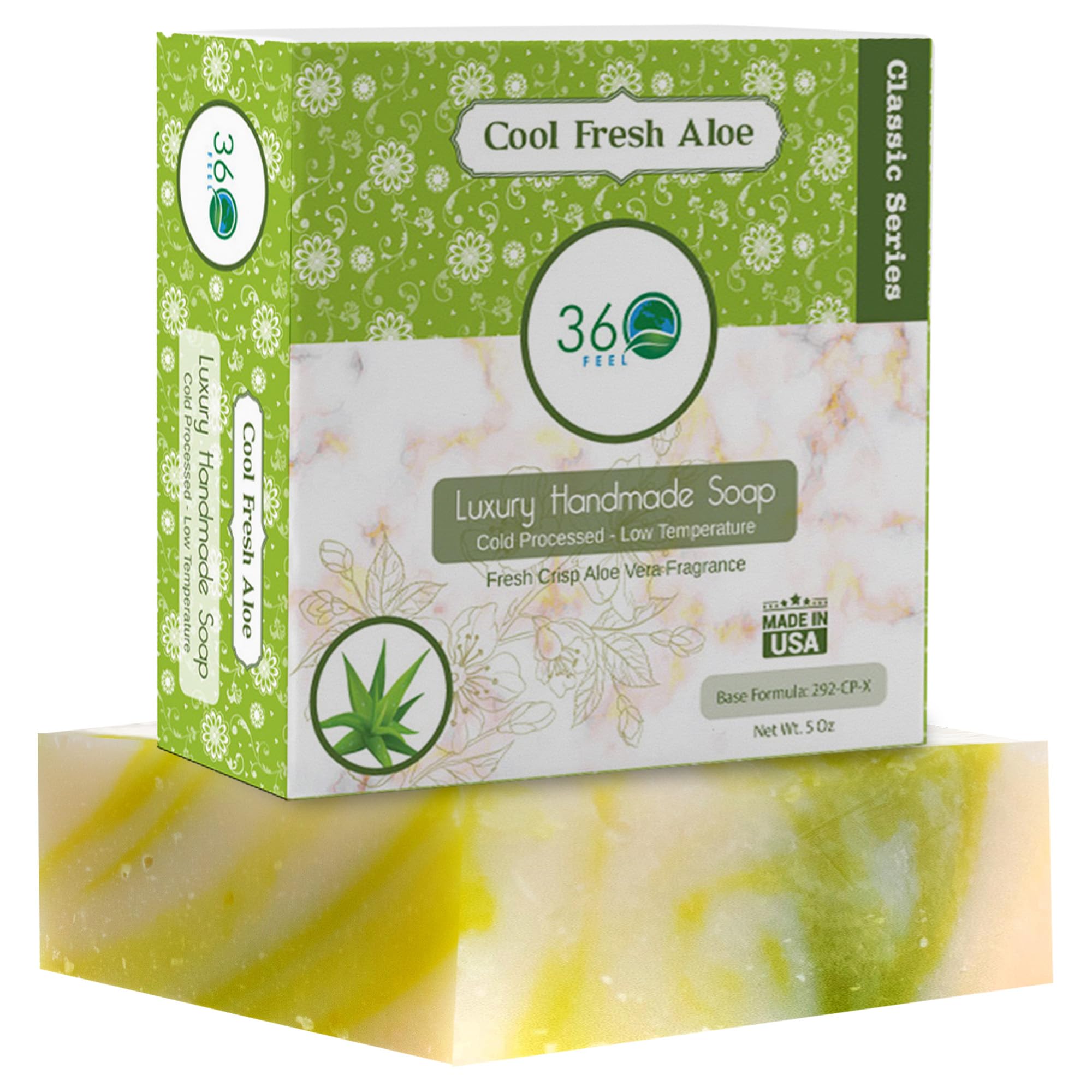 360Feel Cool Fresh Aloe Soap - Made in the USA - Castile Handmade, All-Natura,l Cold-Processed - Infused with Aloe Vera for Refreshing Cleanse and Creamy Rich Lather (5 oz)