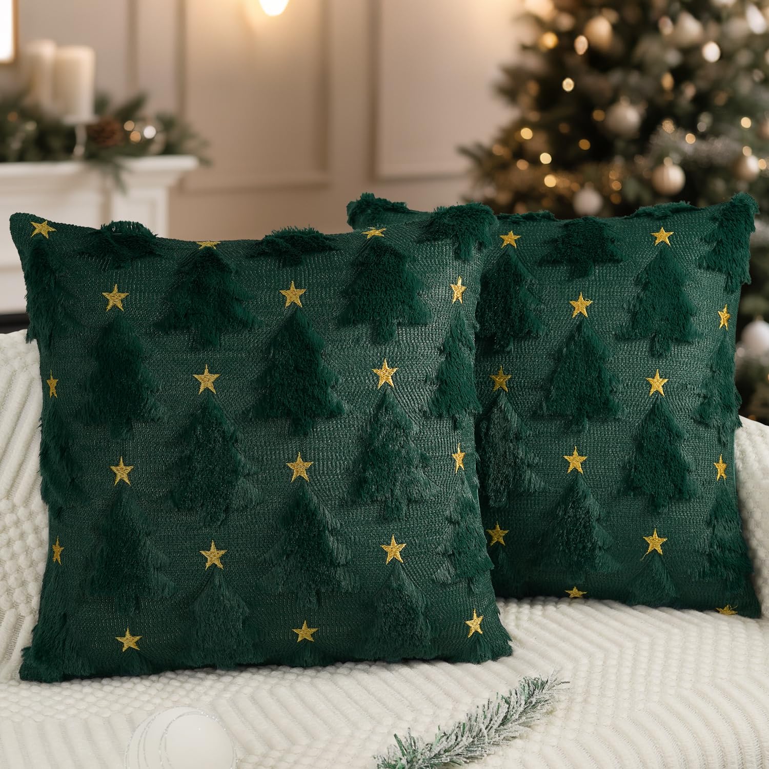 Tosleo Groene kerstboom fluwelen kussensloop 45 x 45 cm set van 2