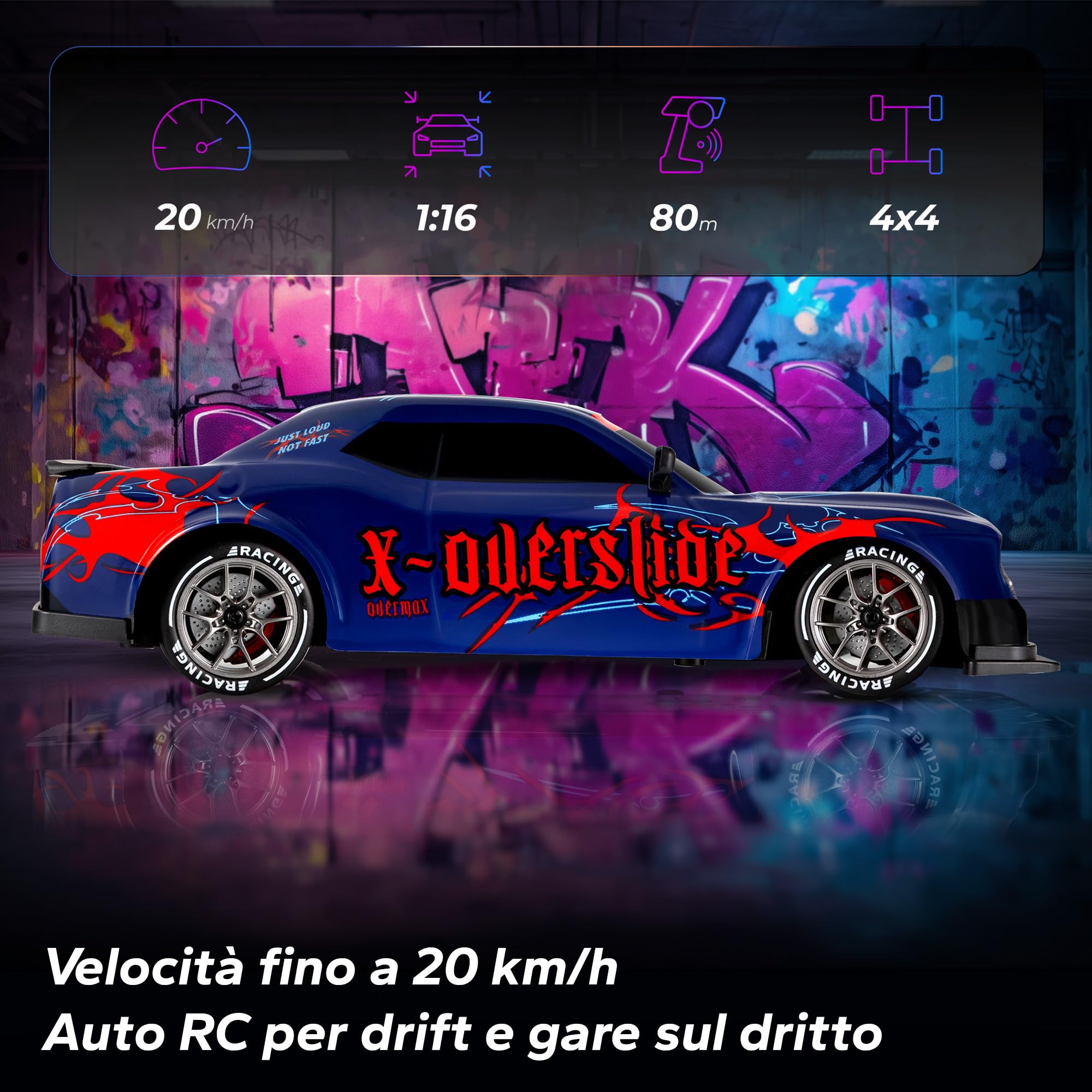 Overmax X-OVERSLIDE Macchina Radiocomandata RC per Drift, Macchina Telecomandata per Bambini 8+, 1:16, 20 km/h Portata fino a 80 m, 4WD, 2 Batterie 500 mAh Set di Ruote e Ostacoli Scocca Accessoria