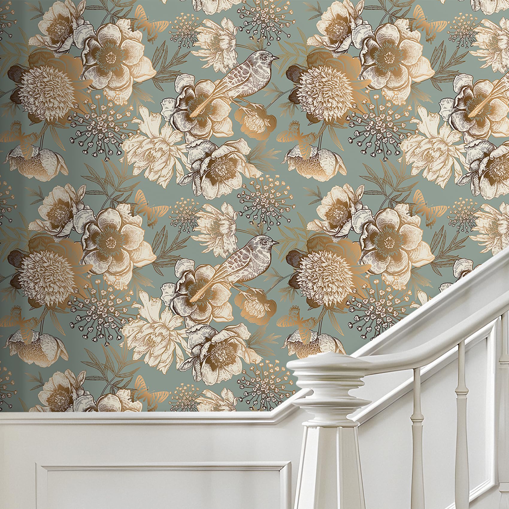 LACHEERY 44.5cm x 700cm Self Adhesive Vintage Gold Floral Wallpaper for Bedroom Floral Peel and Stick Wallpaper Birds Flower Contact Paper for Walls Kitchen Cabinets Drawers Shelf Liner Waterproof