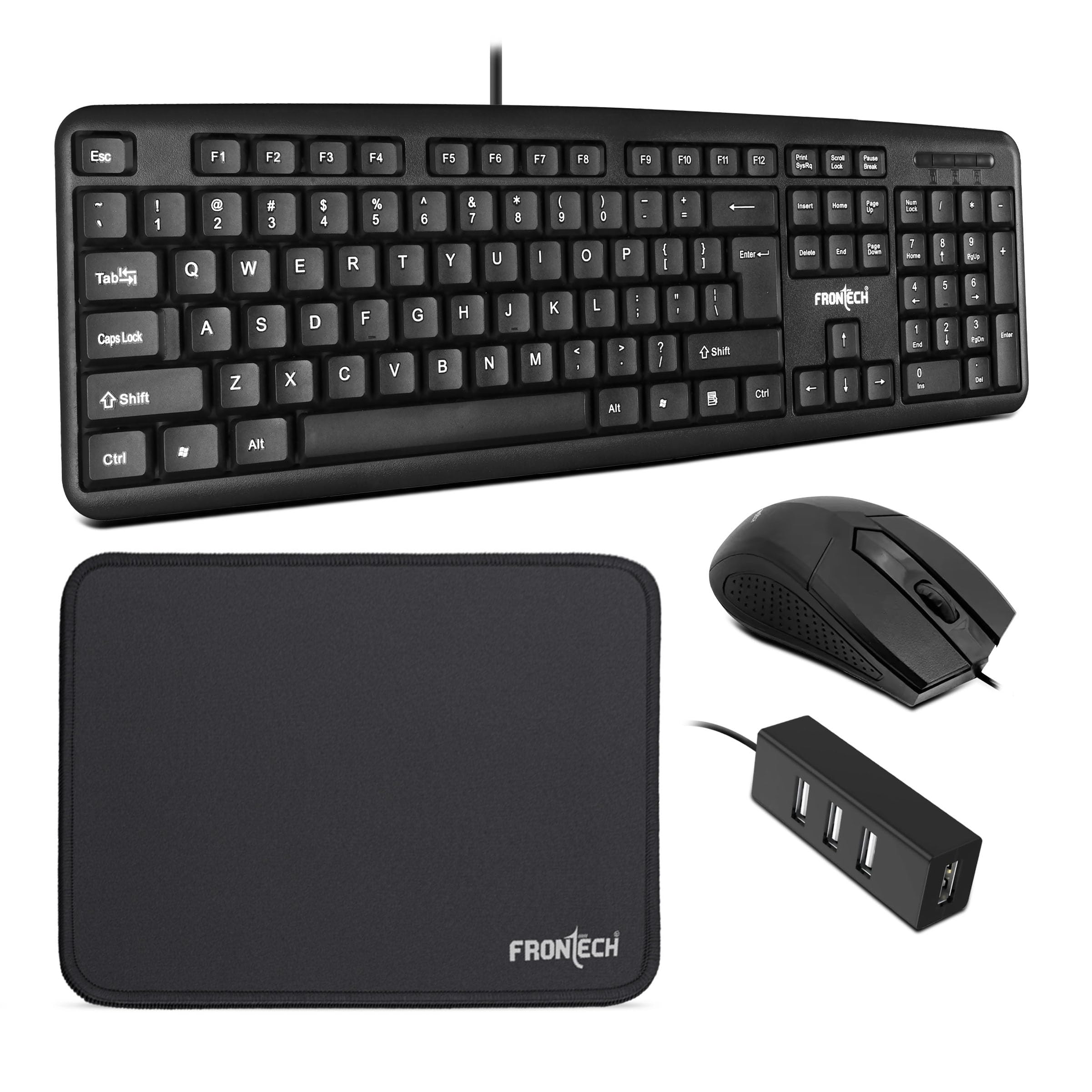 FRONTECH Wired Keyboard and Mouse Combo with USB Hub & Mouse Pad, 104-Key Ergonomic Keyboard, 1000 DPI Optical Mouse, Plug & Play USB, 1-Year Warranty (FT-1692P)