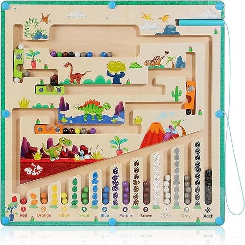 INIFEIDALA Laberinto magnético de color y números, juguetes Montessori para niños de 3 años en adelante, tablero de rompecabezas de dinosaurio de