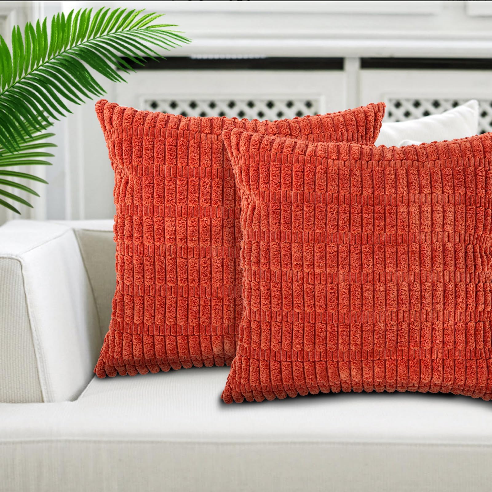 Kinwodon 2 Pcs Corduroy Soft Striped Cushion Covers 45 x 45 cm, Burnt