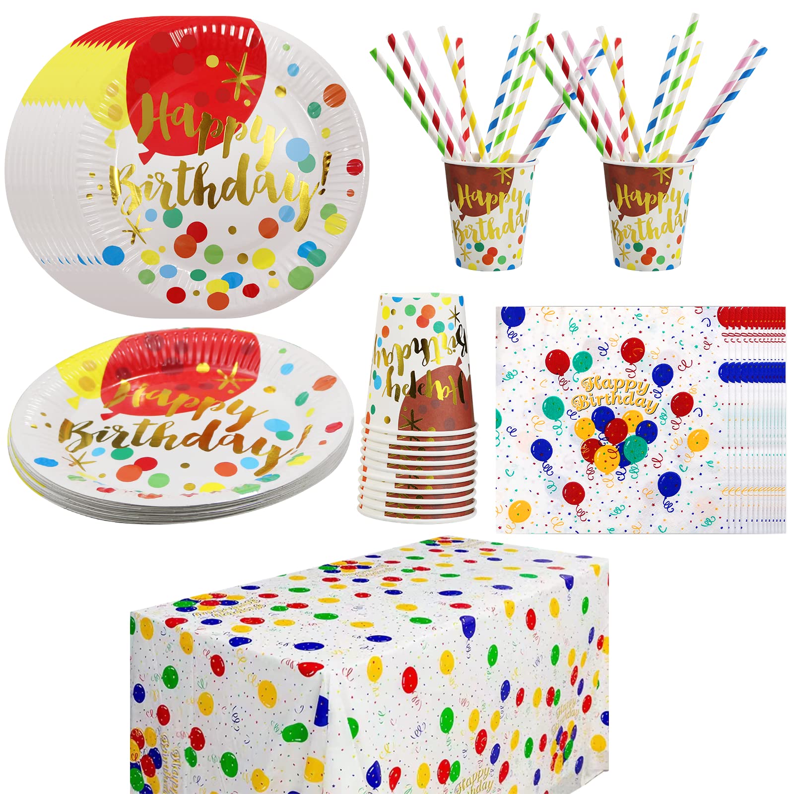KingGair121Pcs Party Plates Cups and Napkins, Tablecloth Straws Set, Rainbow Happy Birthday Party Tableware Kids Birthday Decoration for 30 Guests