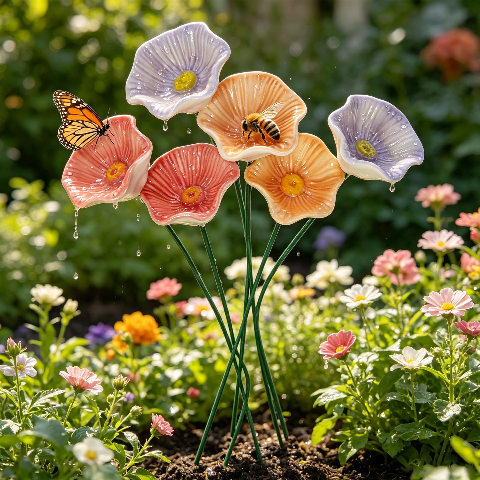 6Pcs Ceramic Flower Bee Watering Station for Garden — image 1