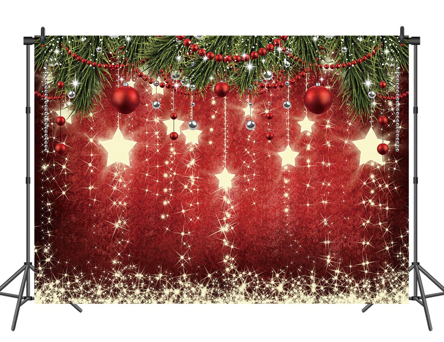 INRUI Red Christmas Photography Backdrop Glittering Stars Christmas Party Decorations Banner (8x6FT)