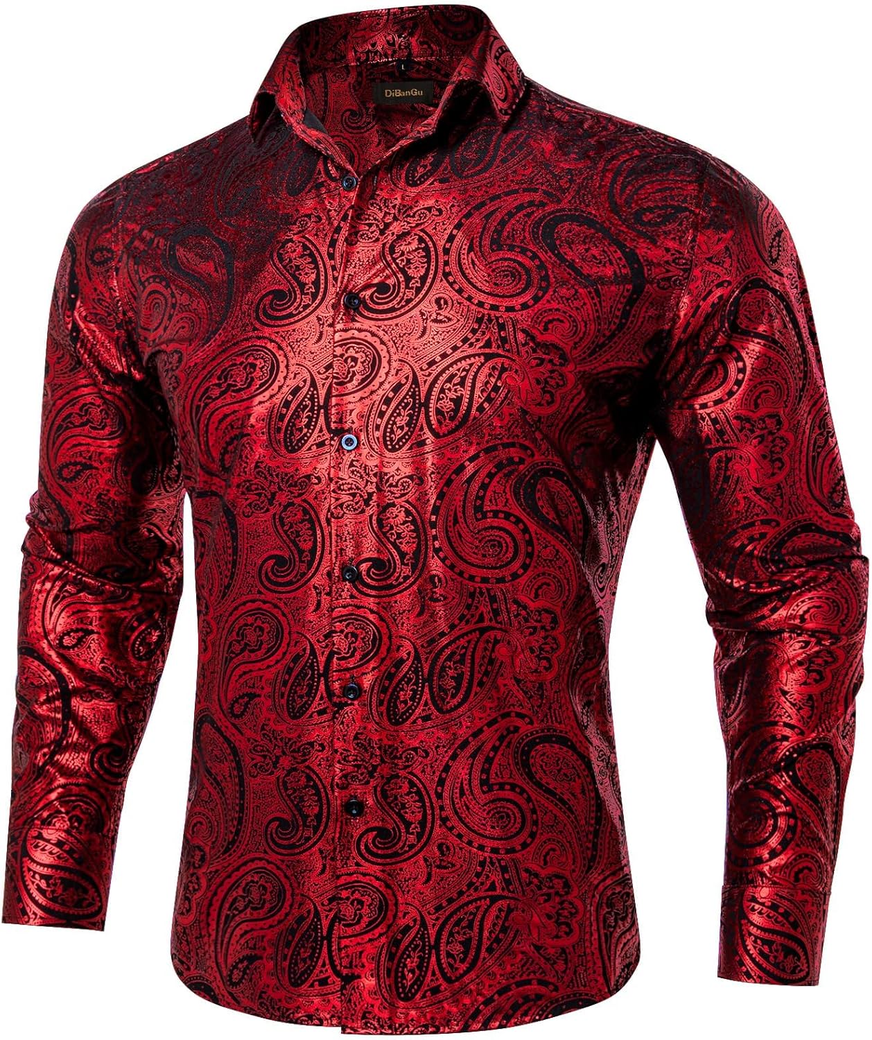 DiBanGu Mens Paisley Dress Shirt Luxury Printed Long Sleeve Button Down Shirts Regular Fit Shiny Shirts for Wedding Prom - Image 2