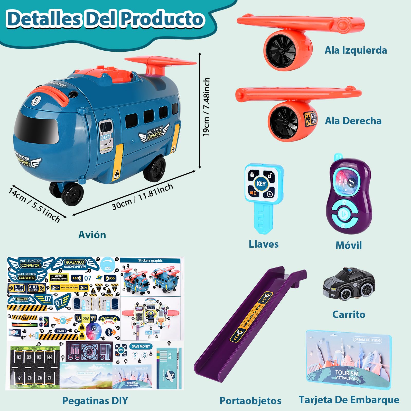 JONRRYIN Avion Juguete para Niños, 3 en 1 Volante Juguete con Luces LED y Sonidos, Hucha, Avión Coche Juguete Regalo para Niños 3 4 5 Años (Azul)
