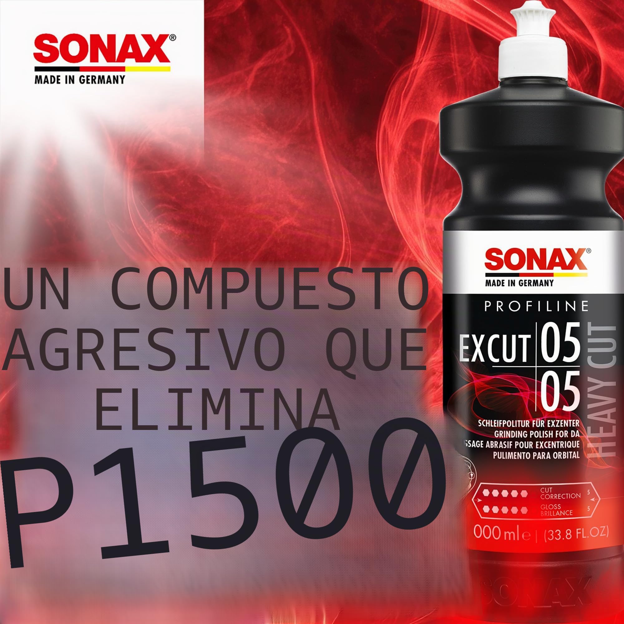 SONAX PROFILINE ExCut 05-05 (1L) pasta de lijado abrasiva | Para pulidoras excéntricas en combinación con la almohadilla de lana híbrida. Elimina las zonas lijadas de hasta P1500.