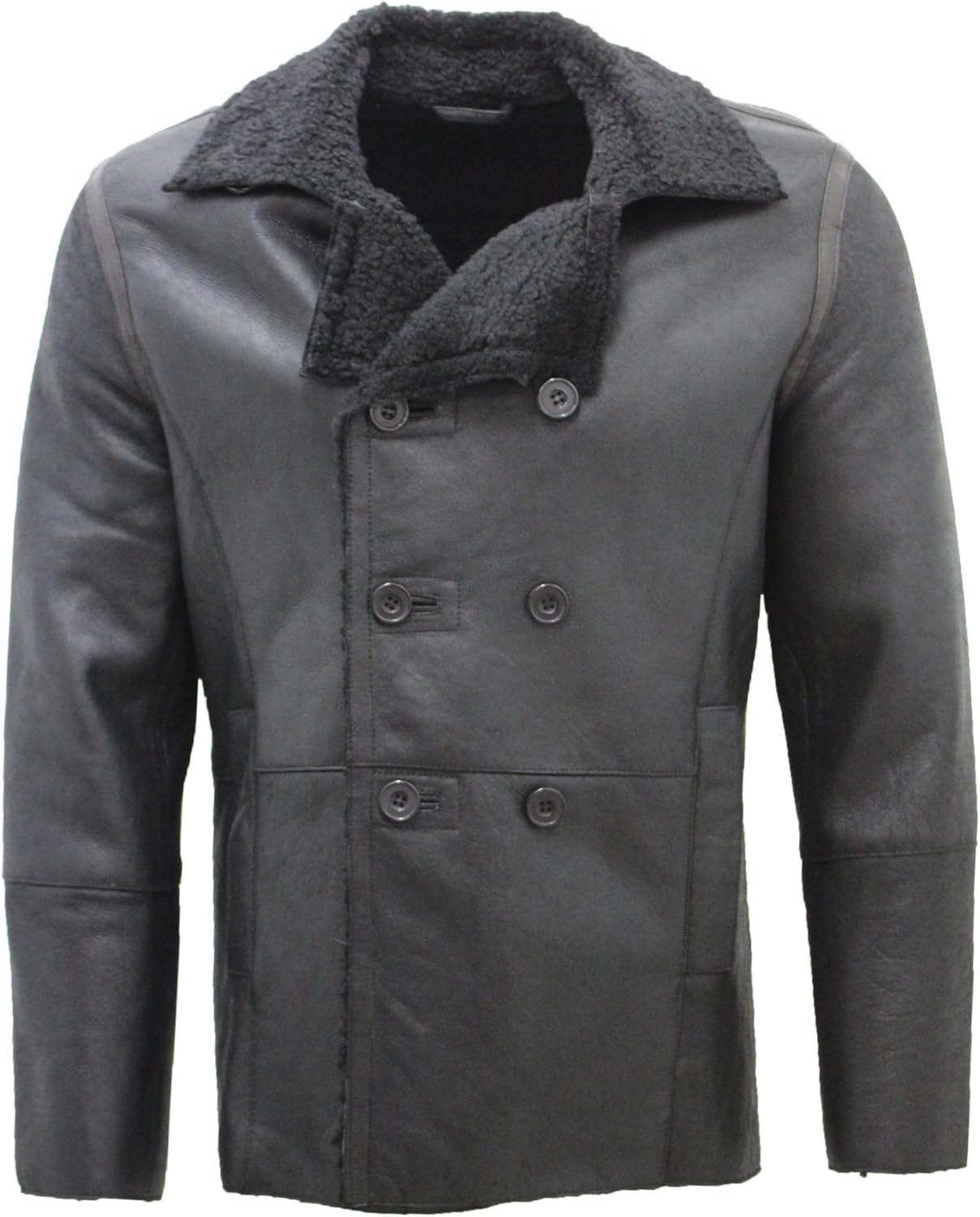 Men's Black Double Breasted Real Sheepskin Pea Coat