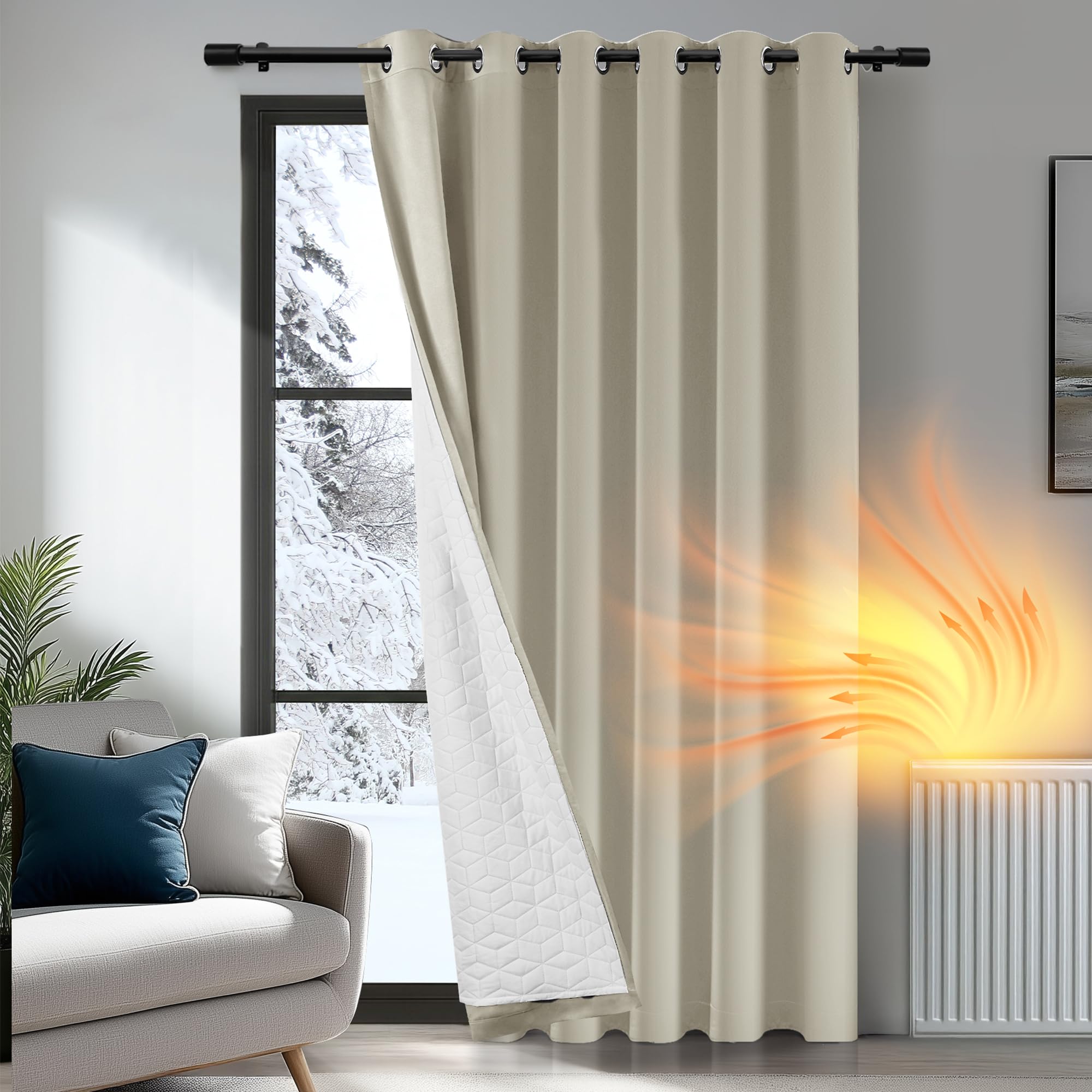 Deconovo Door Curtain Thermal, Blackout Curtain 110 Inch Drop, Eyelet Curtain with Thick Microfiber Liner, WindProof Noise Reducing Light Beige Curtain for Door Big Window, 79"x 110", 1 Panel — image 1