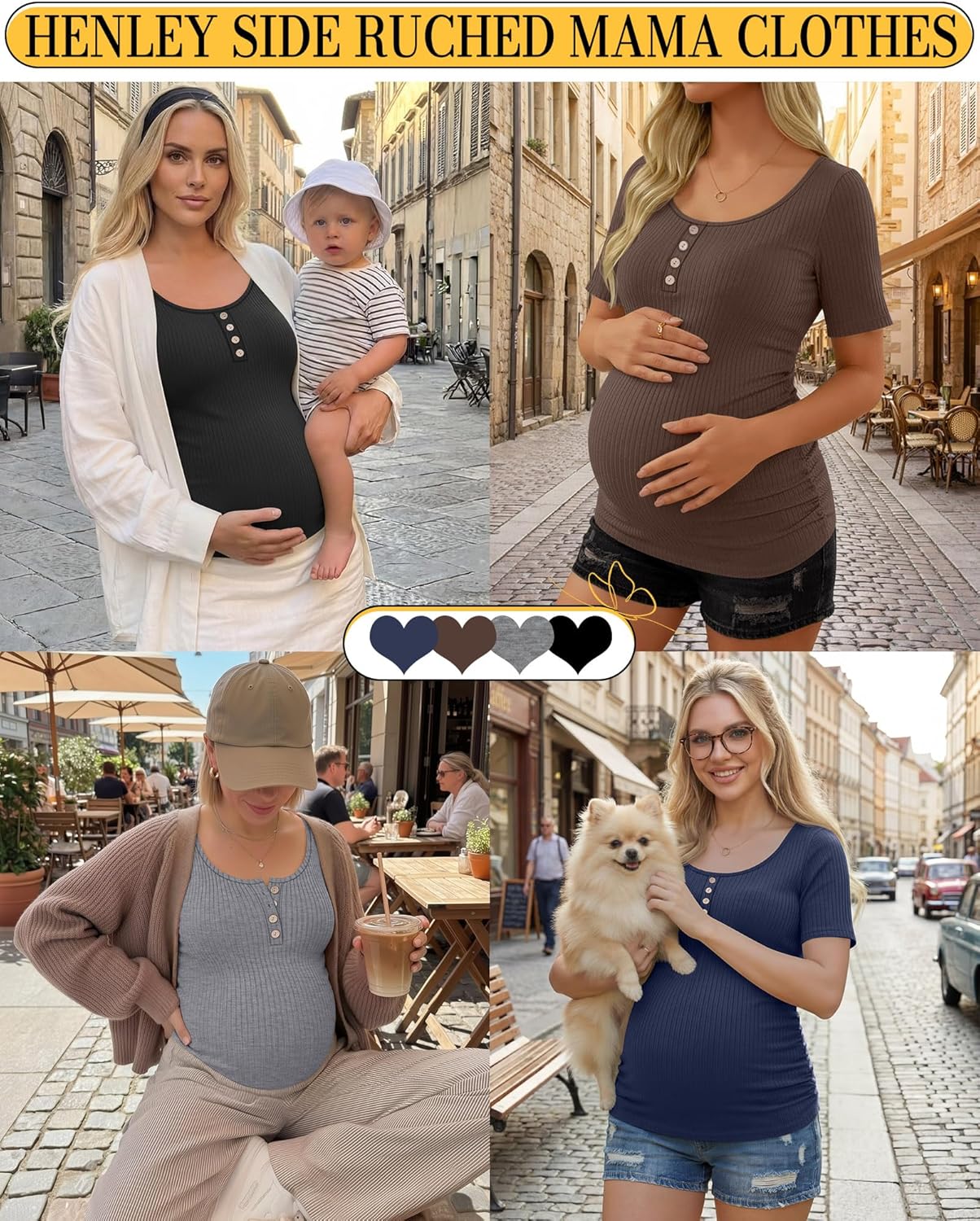 4 Pack Womens Maternity Shirts Scoop Neck Cotton Short Sleeve Ribbed Pregnancy Top Henley Side Ruched Mama Clothes - Image 2
