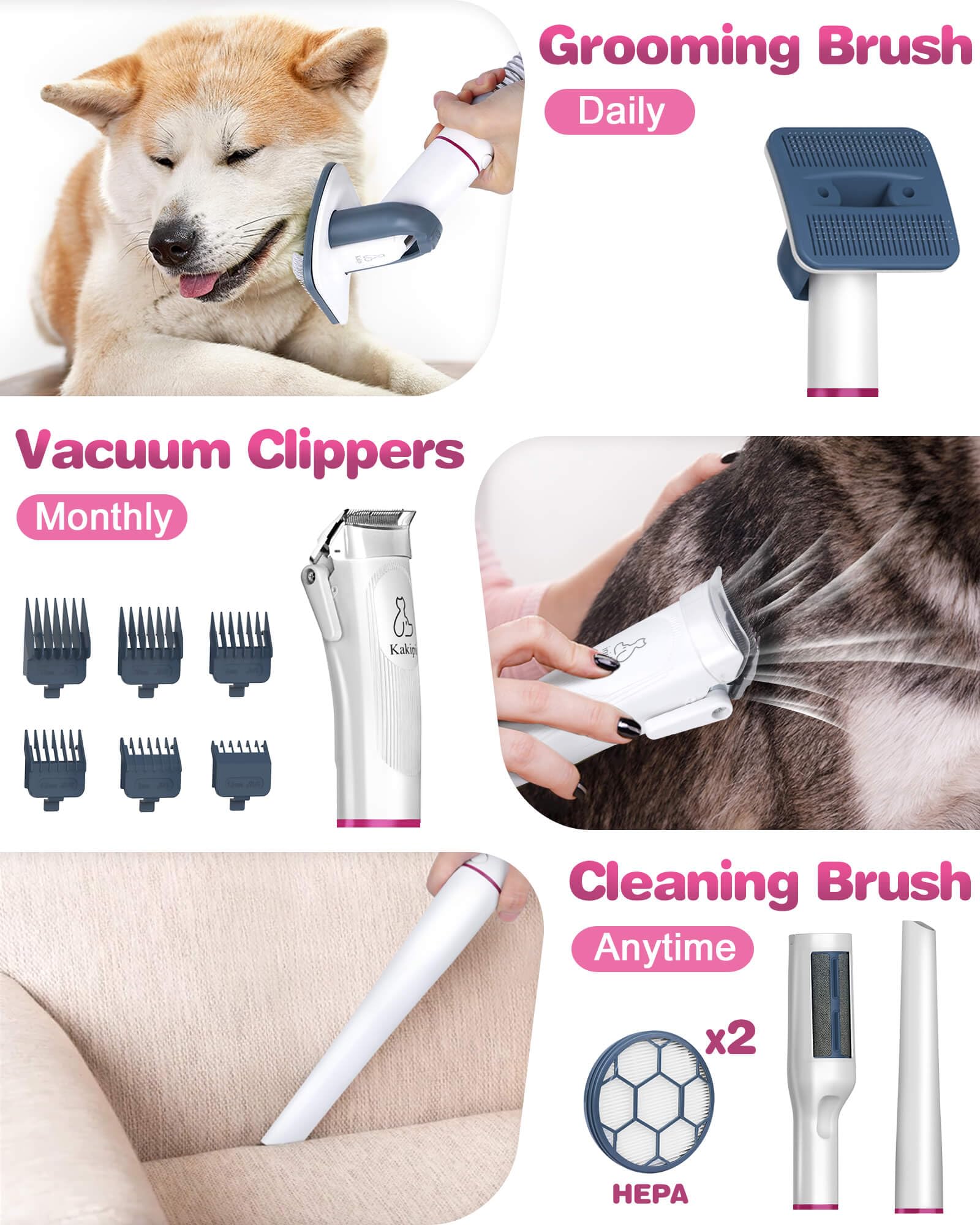 Kakipi Dog Grooming Kit & Vacuum, Professional Pet Grooming Vacuum with Shedding Brush, Dog Clippers, Dog Dryer and Cleaner, 1.5L Dust Cup Pet Grooming Kit for Dogs, Cats, Quiet, 2 Filters