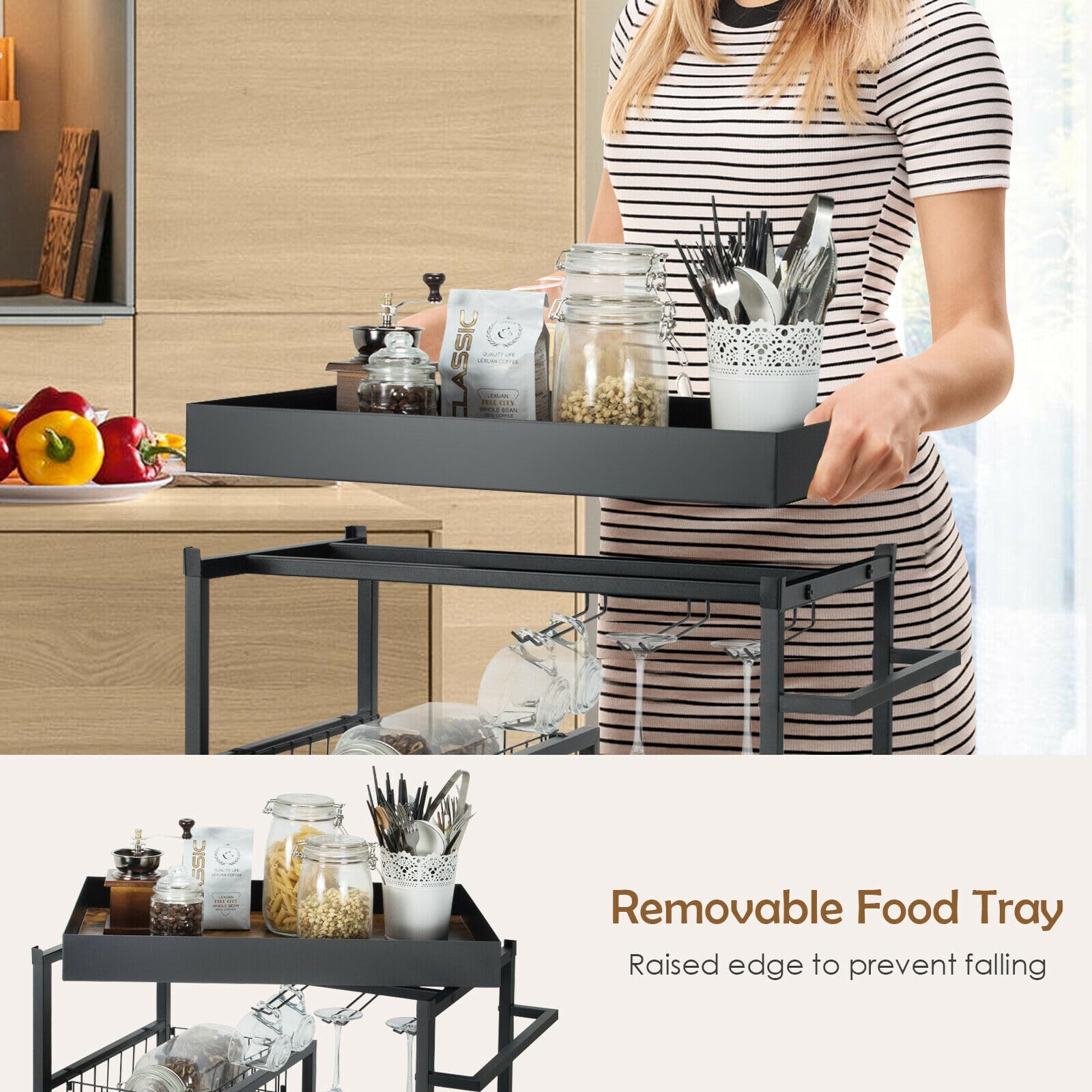 Cocina Carrello da bar cucina a 4 livelli portata con rotelle Portabottiglie Cestino vassoio rimovibile Estante de almacenamiento