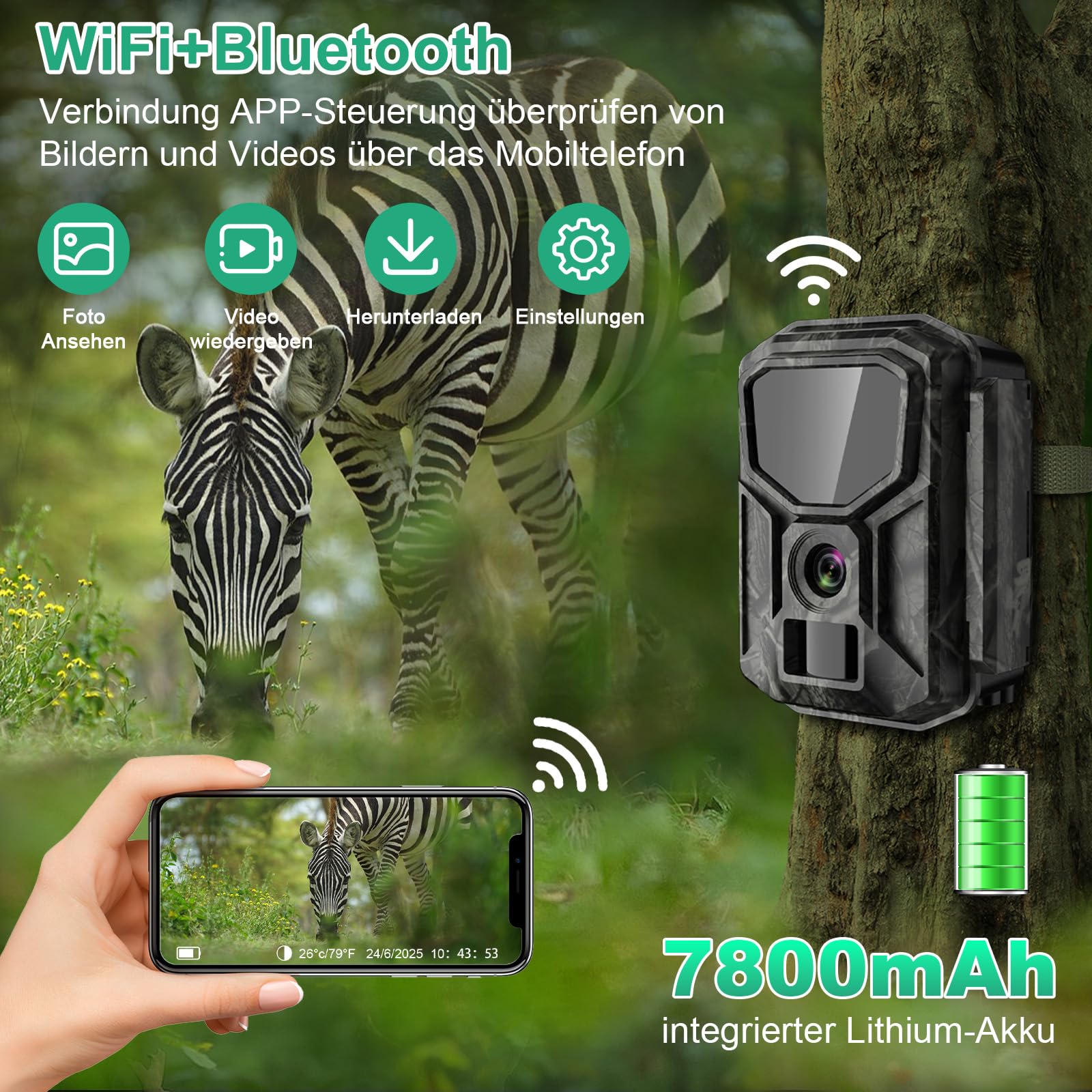 Lutranstra 5KB Wildkamera mit Handyübertragung App, 5K/64MP HD, 7800mAh Akku, Infrarot, Nachtsicht, IP66