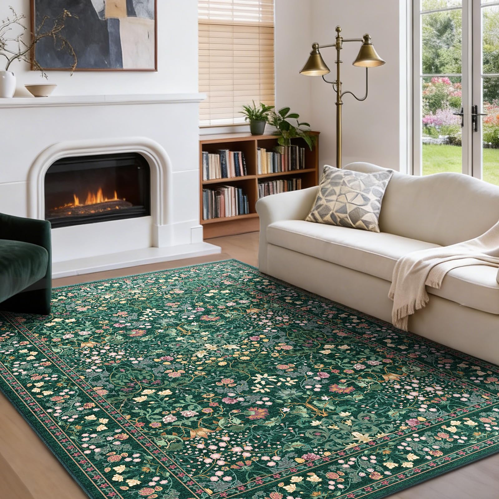 AMADA HOMEFURNISHING 5x7 Area Rug, Washable Living Room Rug with Non-Slip Backing, Low Pile and Durable Edge Binding, Vintage Soft Floral Rugs for