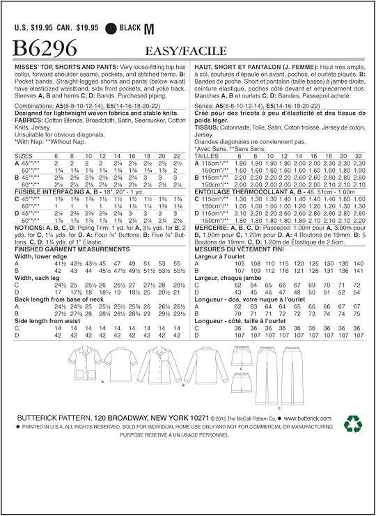 Butterick Patterns B6296 Misses' Top, Shorts & Pants, A5 (6-8-10-12-14)