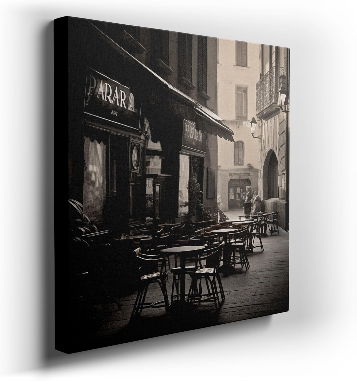 Canvas for Living room. Urban Oasis: A Peaceful Morning at the City Street Cafe, 27 x 18 inch Canvas Wall Art - Ready to Hang