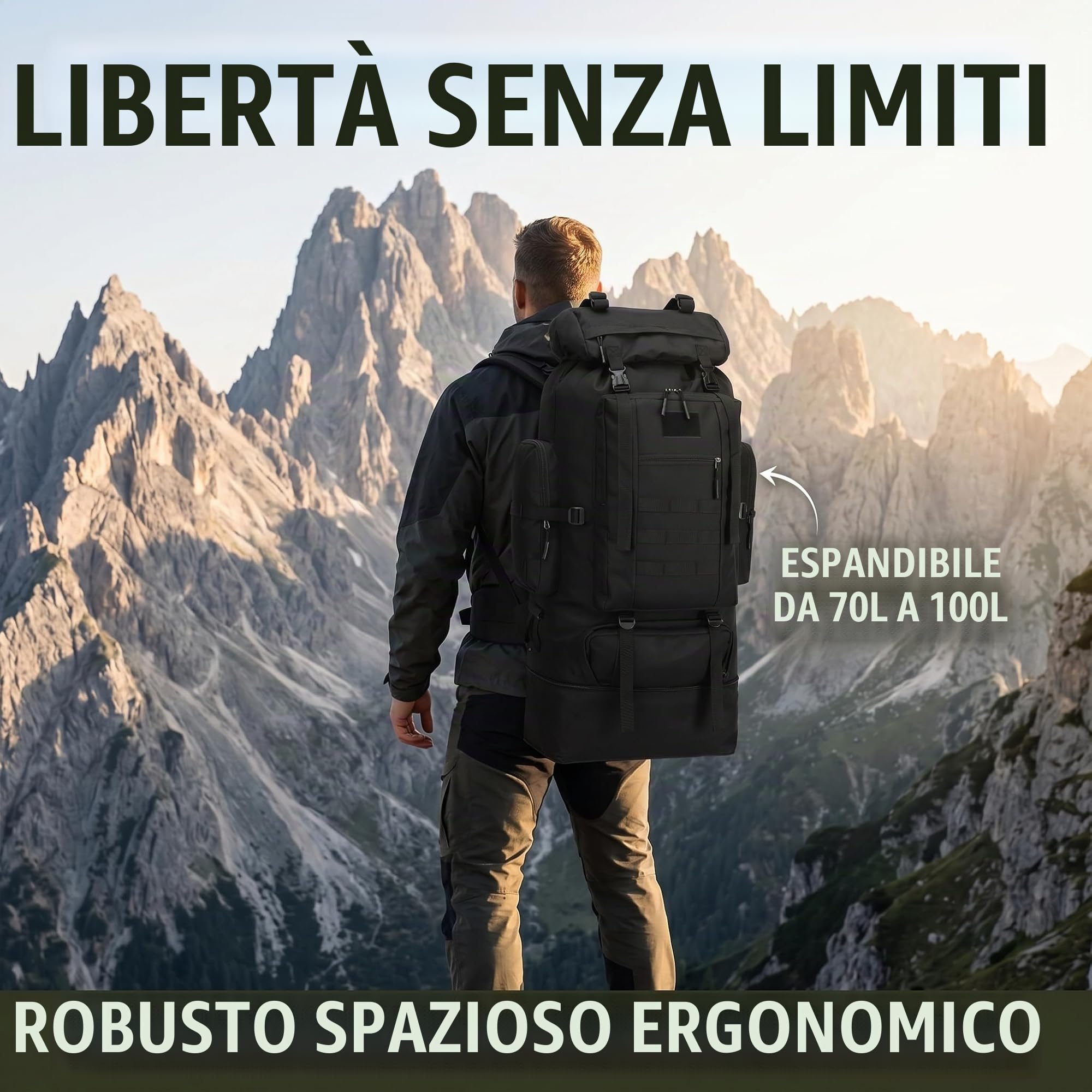 Zaino da trekking e escursionismo da 100 l, grande, per campeggio, viaggi e avventure, ergonomico, impermeabile, robusto, nero e verde militare