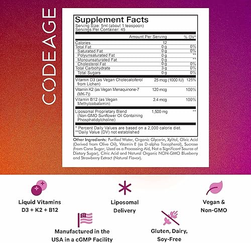 Miniatura 2 de Codeage Liposomal Wonder-D, colecalciferol vegano vitamina D3 1000 UI suplemento líquido en gotas, vitaminas B12 y K2 a base de plantas,